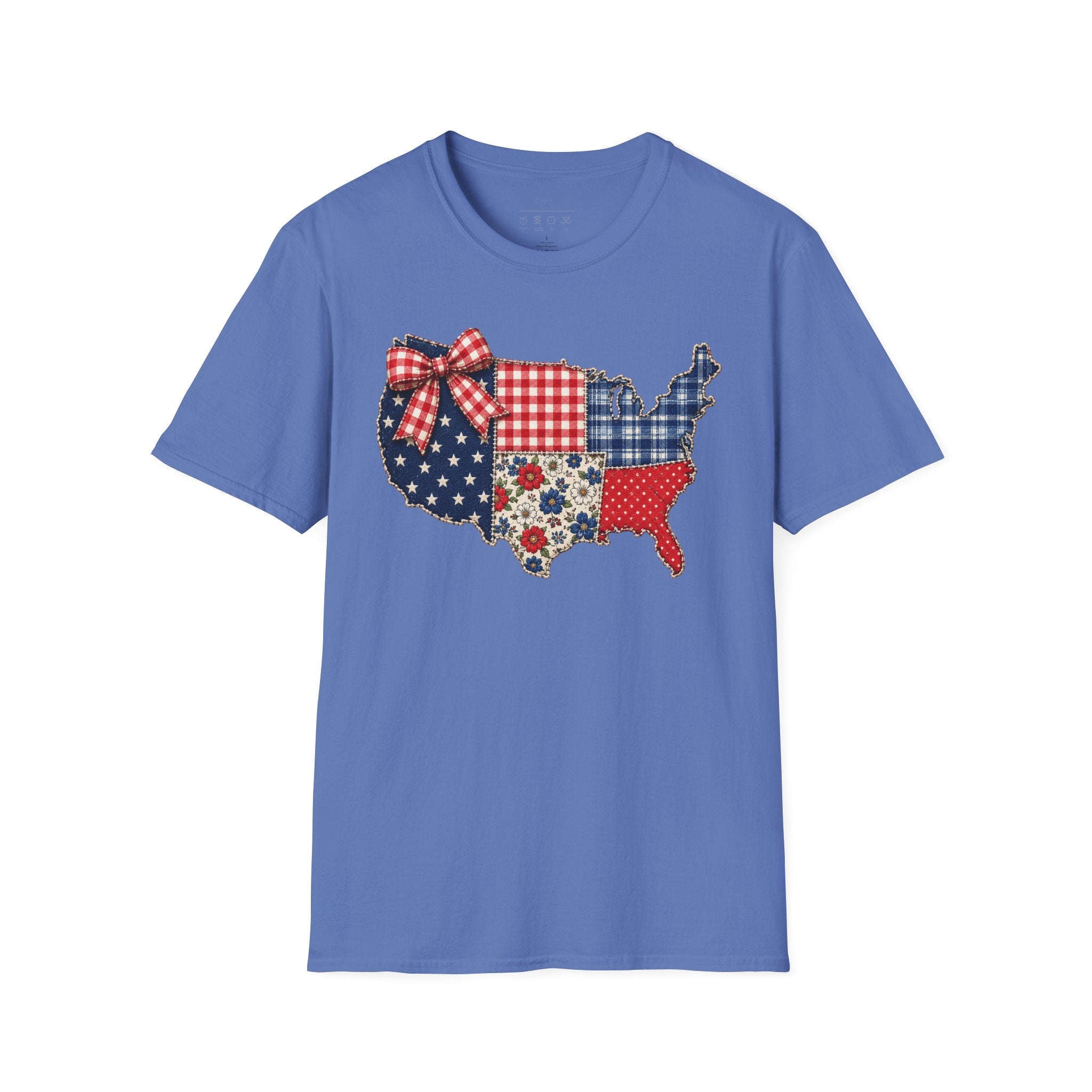 Patriotic Patchwork USA T-Shirt — Quilted Red White & Blue Map Tee