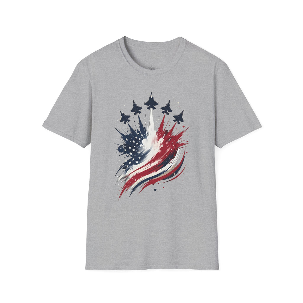 T-Shirt — Patriotic Jet Flyover with American Flag Splash