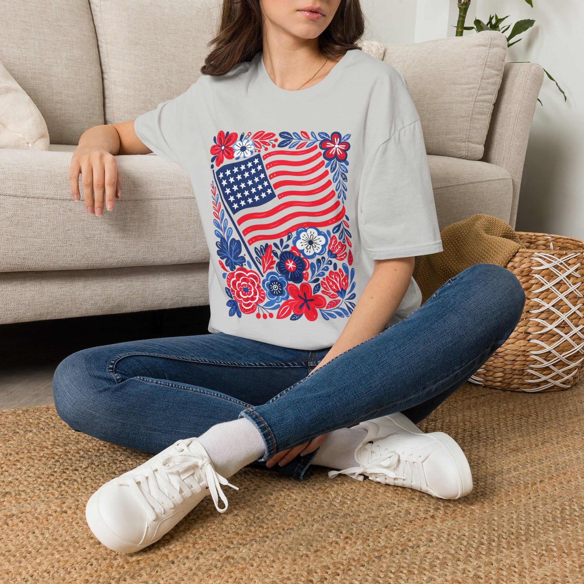 American Flag Floral T-Shirt — Patriotic Stars & Stripes Tee
