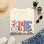 AME Retro Patriotic T-Shirt — Red White Blue Floral & Stripes Graphic Tee