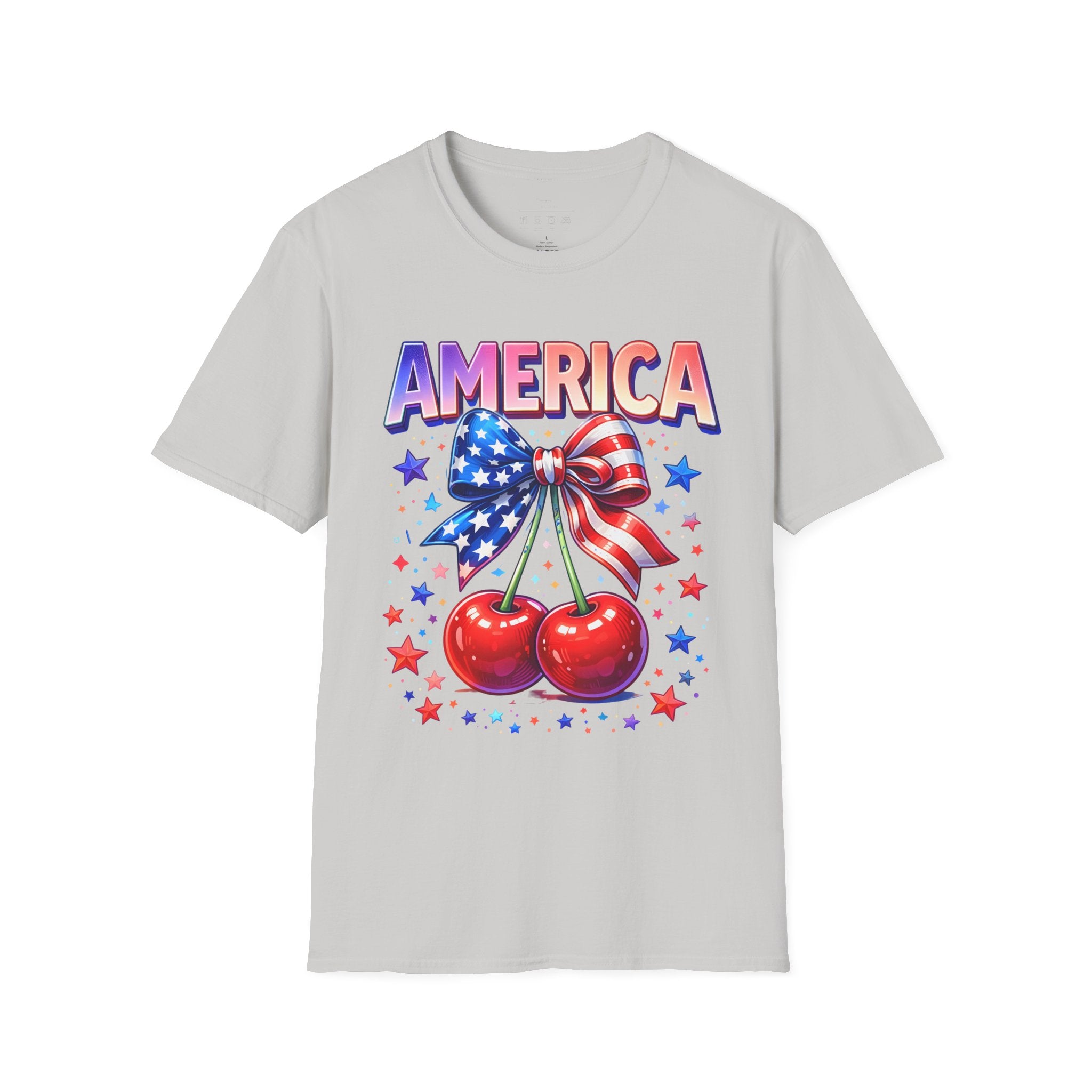 America Patriotic Cherry Graphic T-Shirt — USA Flag Bow 4th of July Tee