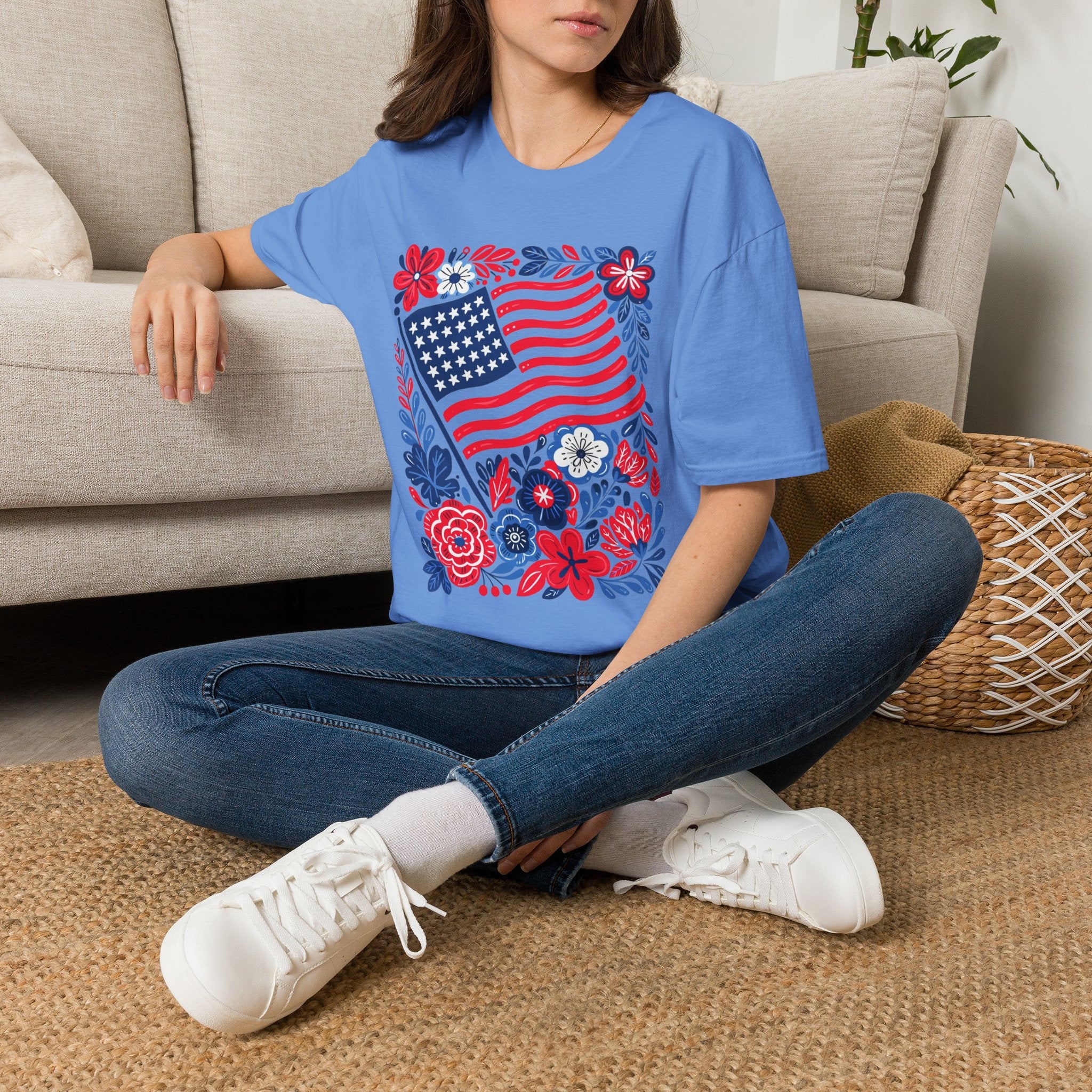 American Flag Floral T-Shirt — Patriotic Stars & Stripes Tee