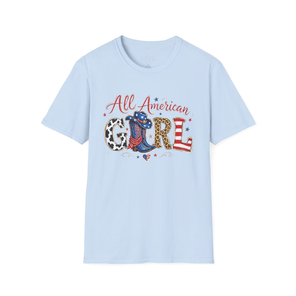 All American Girl T-Shirt — Patriotic USA Leopard & Flag Graphic Tee