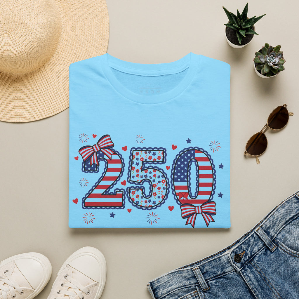 250 Patriotic T-Shirt — USA Flag Number Tee with Stars & Bows (Fourth of July)