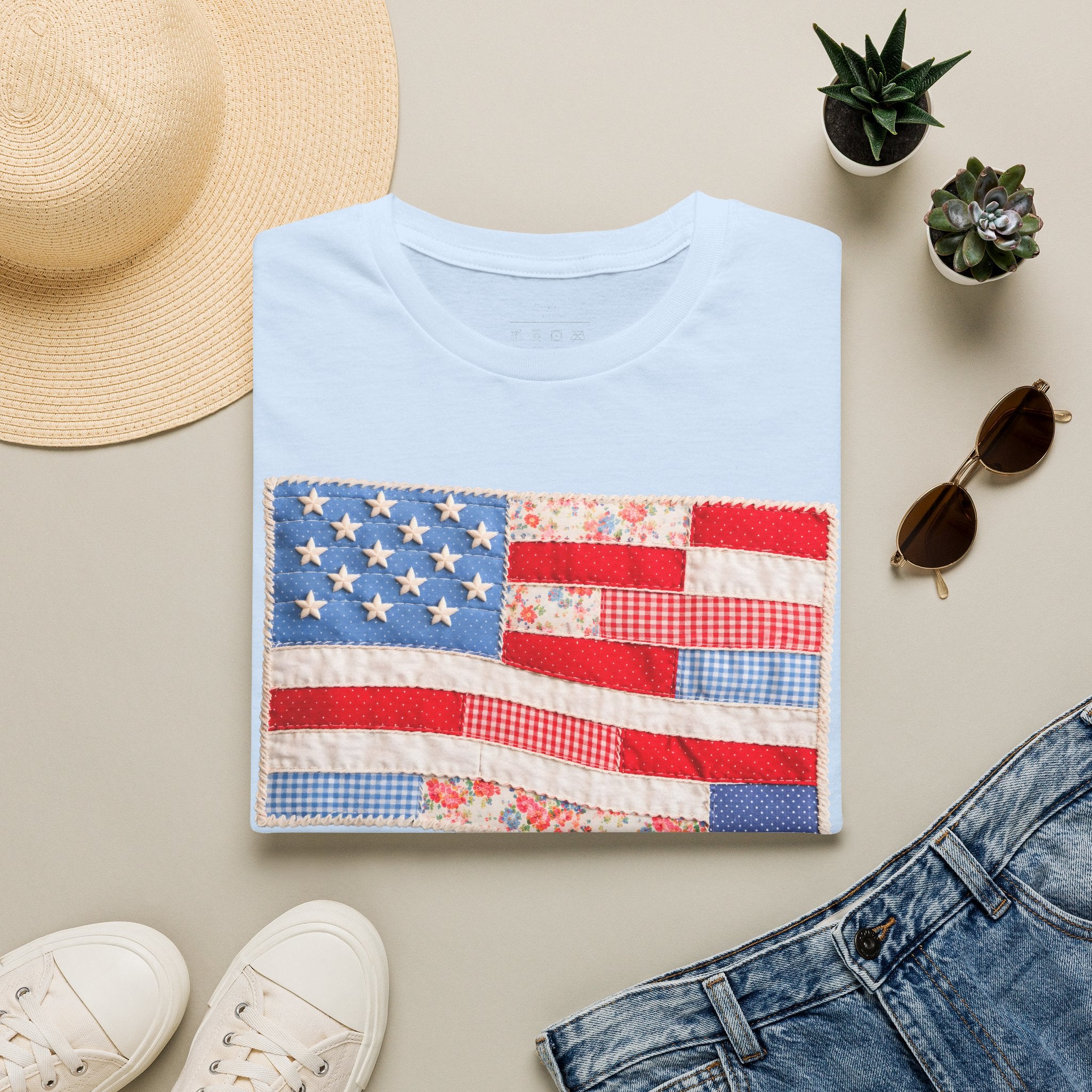 American Patchwork Flag T-Shirt — Vintage Floral Stars & Stripes Tee for 4th of July