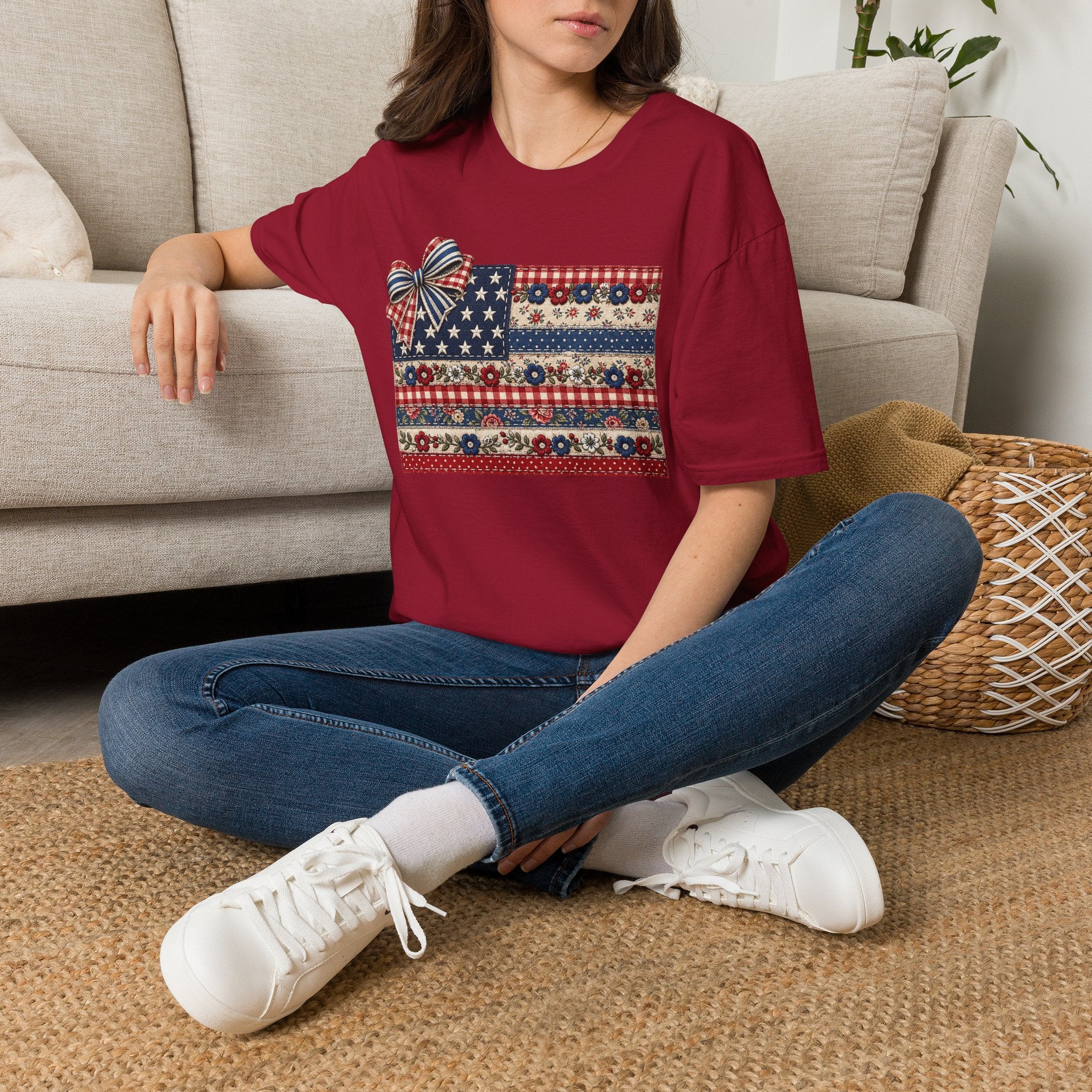 Patriotic Floral Flag T-Shirt — Americana Bow Stars & Stripes Top