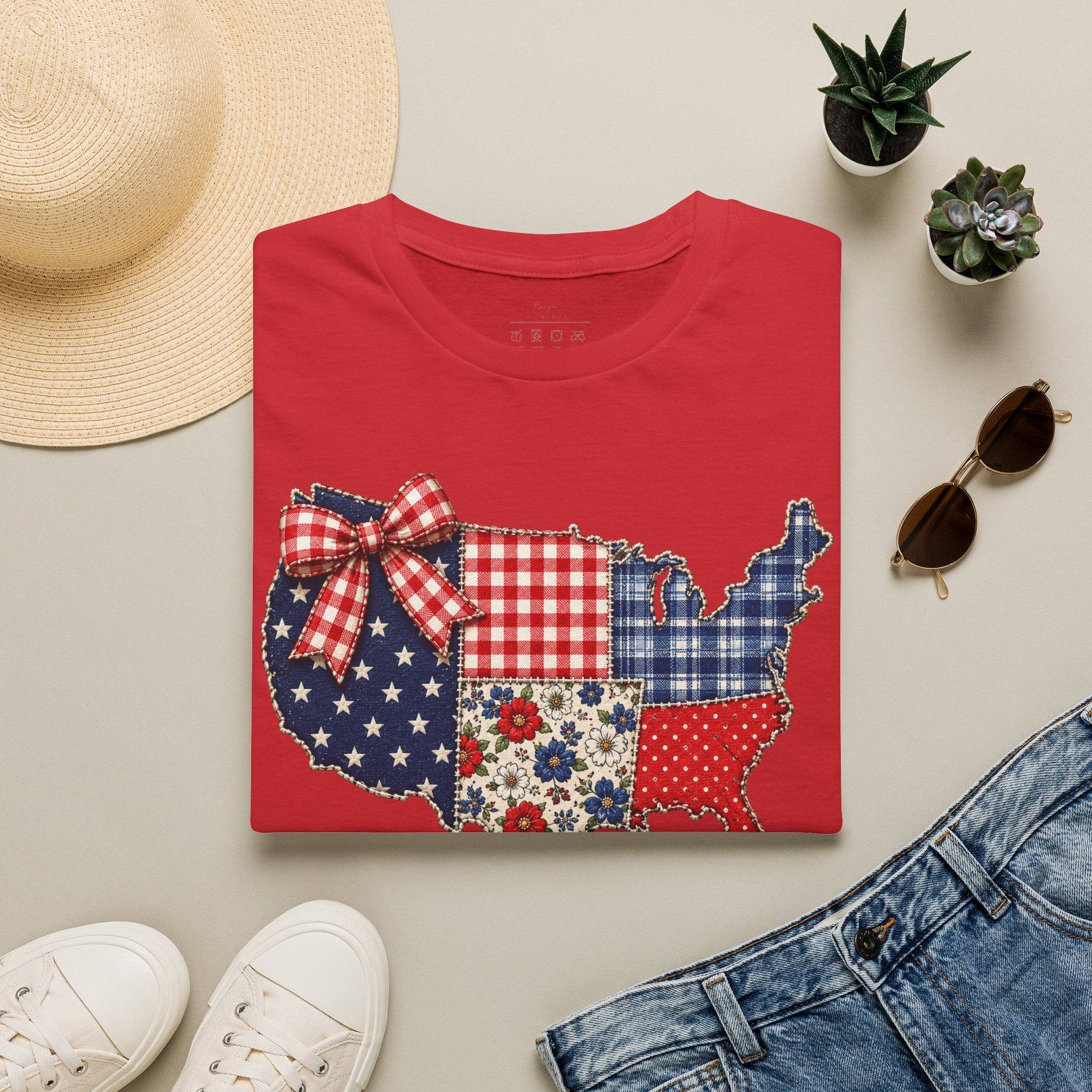 Patriotic Patchwork USA T-Shirt — Quilted Red White & Blue Map Tee