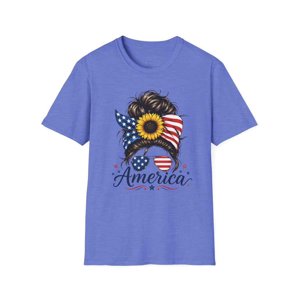 T-Shirt — Patriotic Sunflower Messy Bun (America)