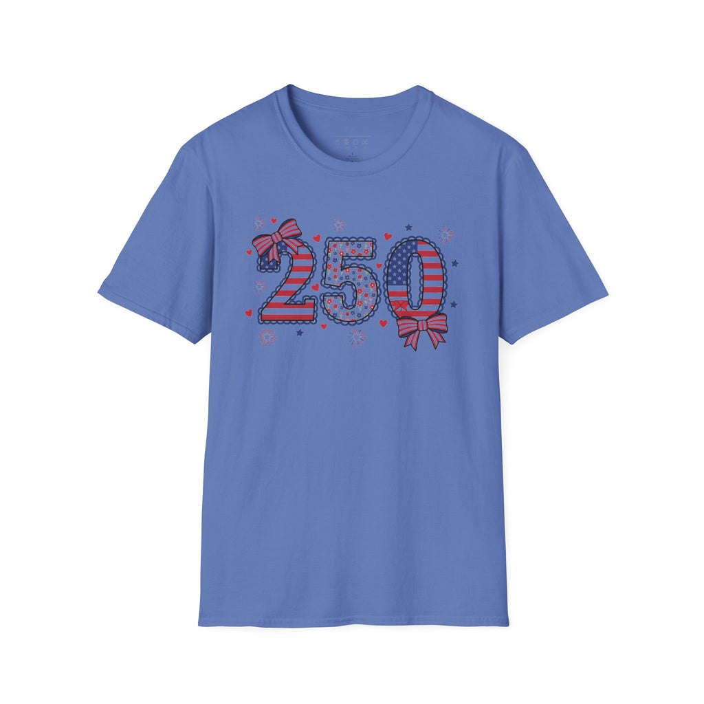 250 Patriotic T-Shirt — USA Flag Number Tee with Stars & Bows (Fourth of July)