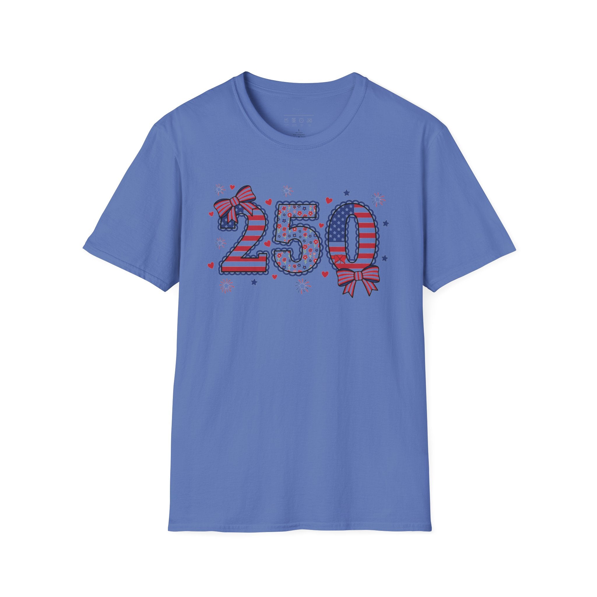 250 Patriotic T-Shirt — USA Flag Number Tee with Stars & Bows (Fourth of July)