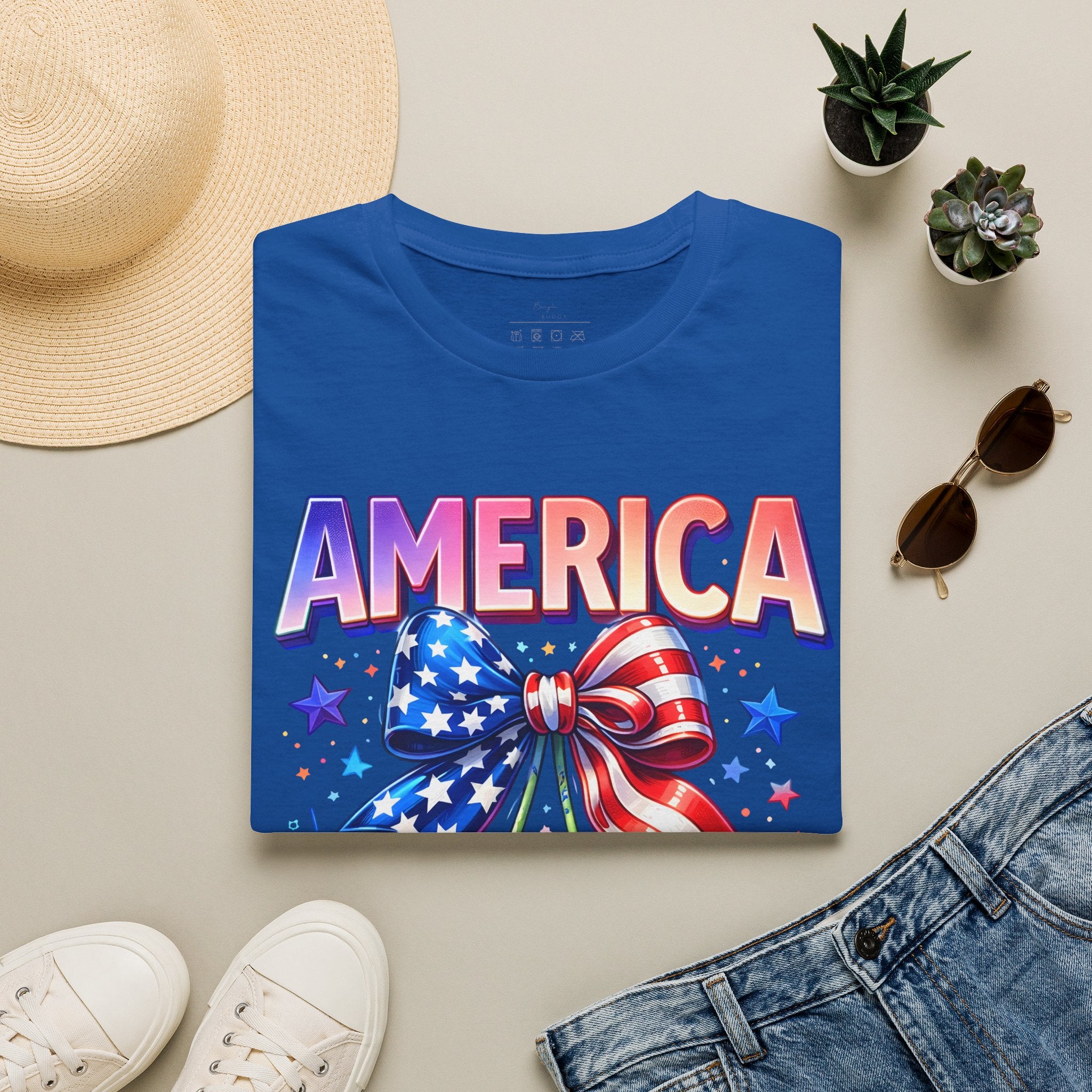 America Patriotic Cherry Graphic T-Shirt — USA Flag Bow 4th of July Tee
