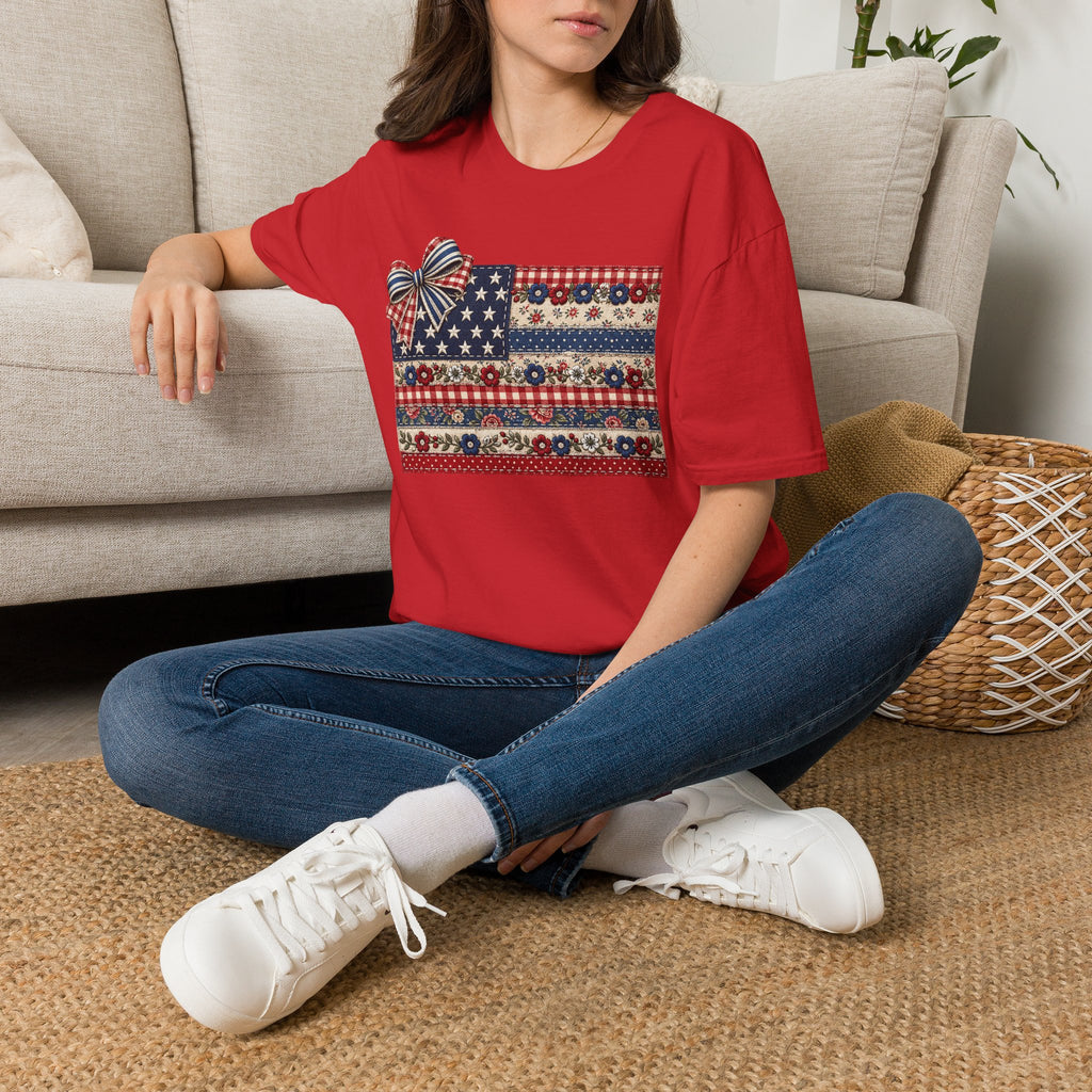 Patriotic Floral Flag T-Shirt — Americana Bow Stars & Stripes Top