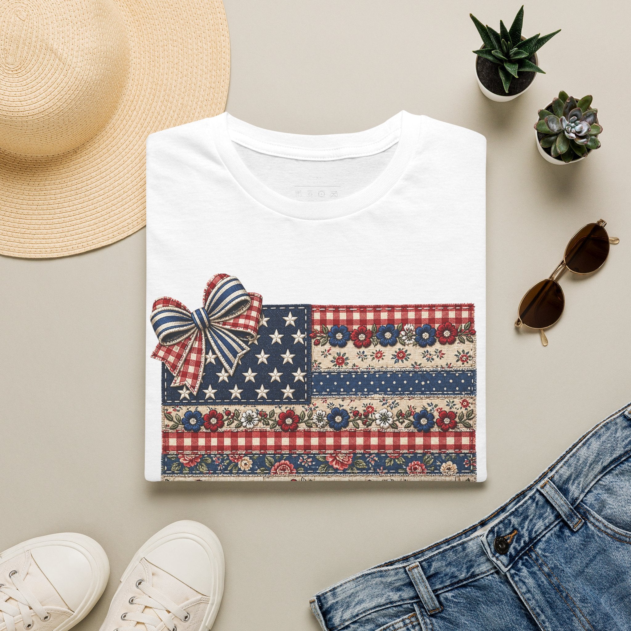 Patriotic Floral Flag T-Shirt — Americana Bow Stars & Stripes Top