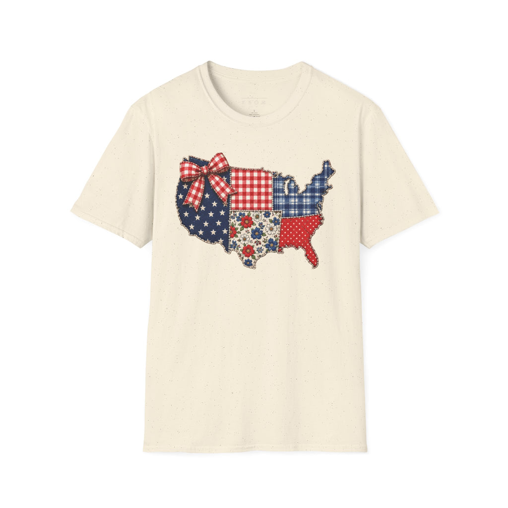 Patriotic Patchwork USA T-Shirt — Quilted Red White & Blue Map Tee