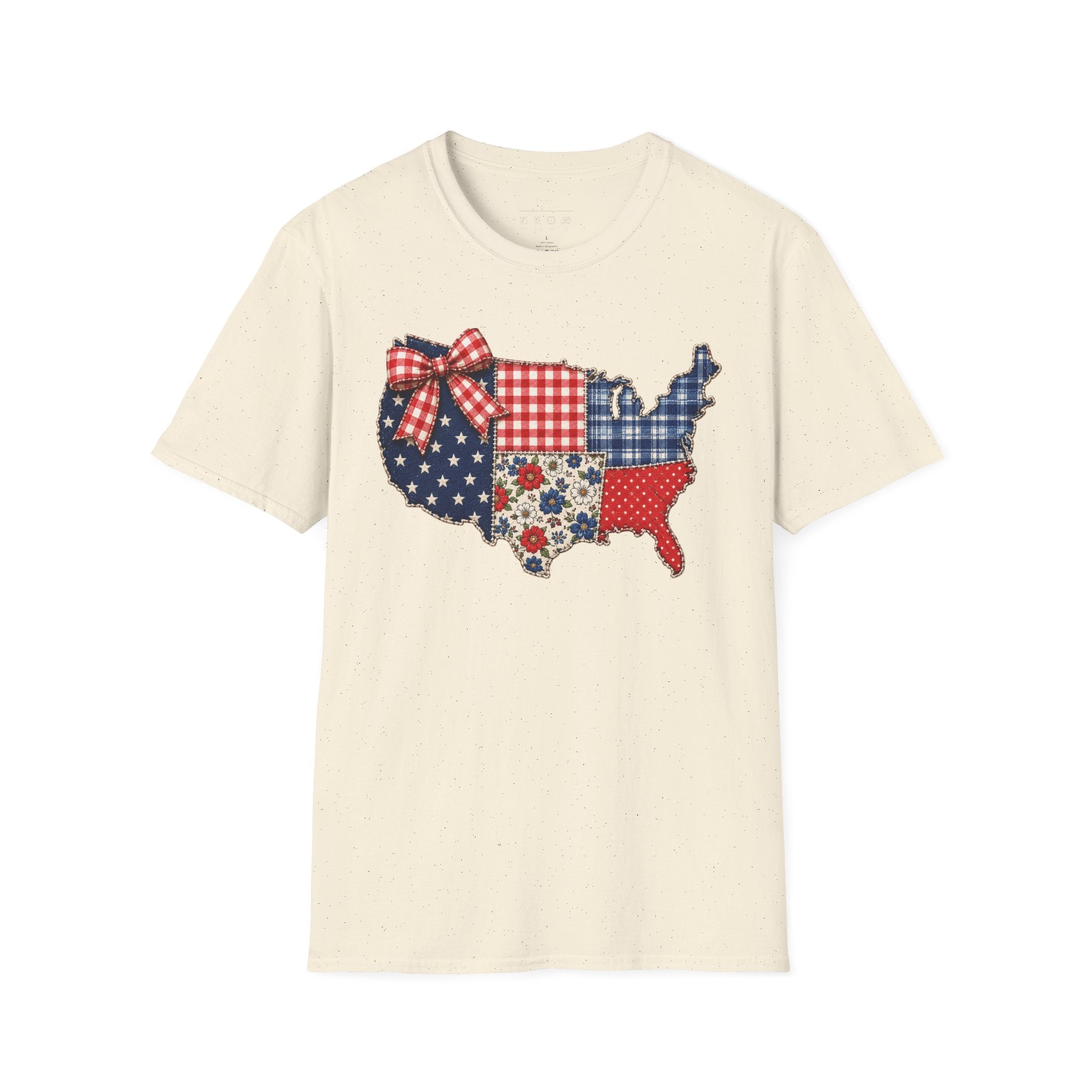 Patriotic Patchwork USA T-Shirt — Quilted Red White & Blue Map Tee
