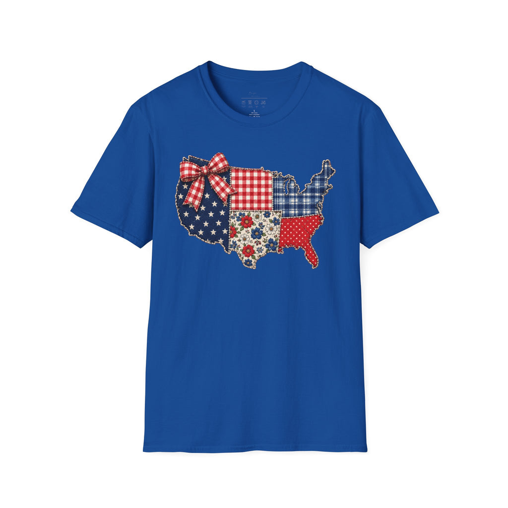 Patriotic Patchwork USA T-Shirt — Quilted Red White & Blue Map Tee