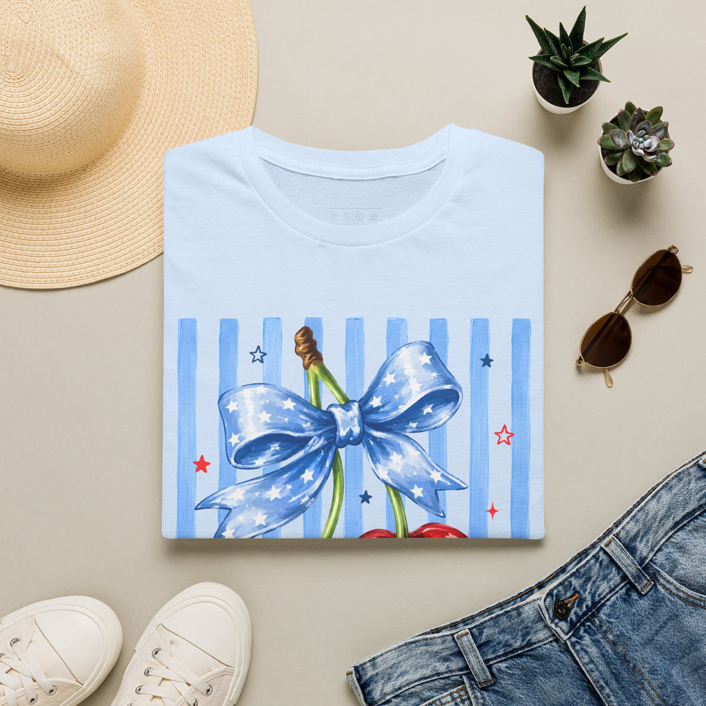 Cherry Graphic T-Shirt — Blue Bow & Striped Summer Tee
