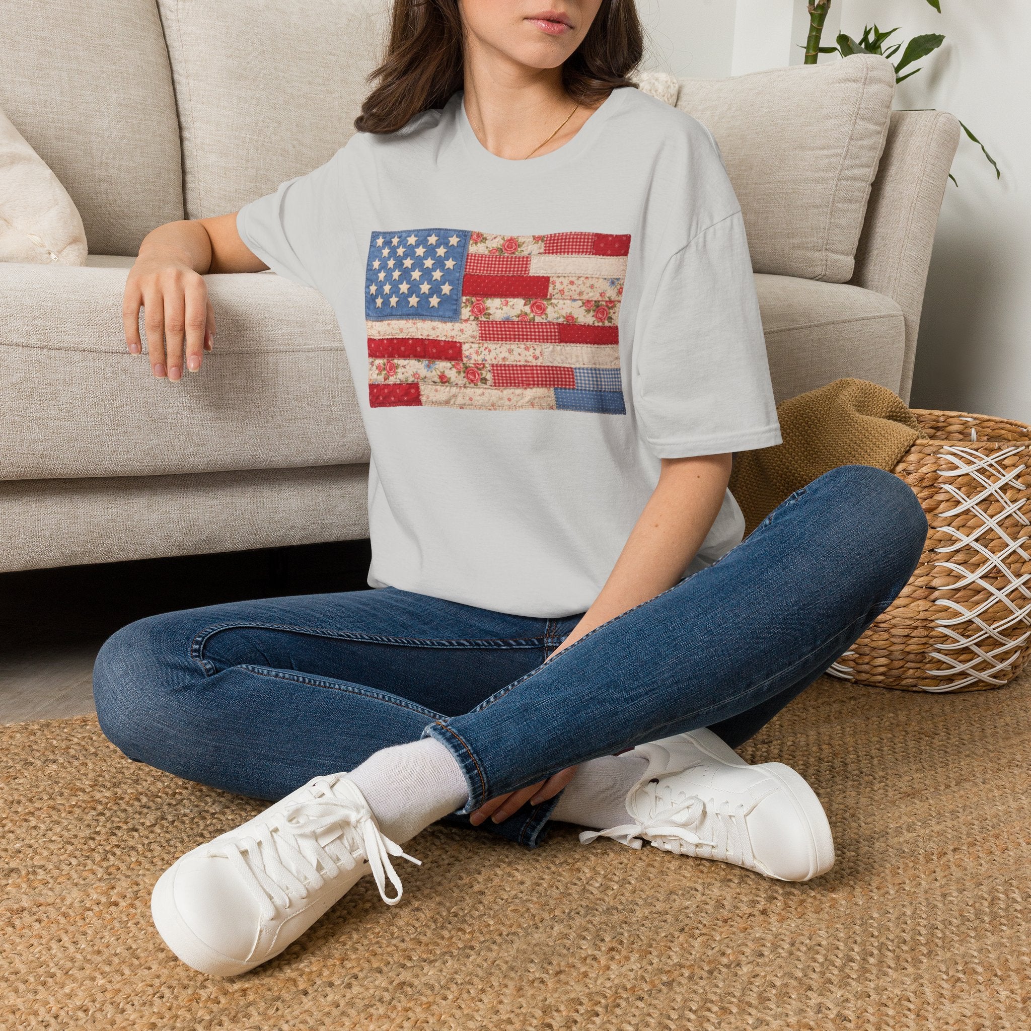 Patchwork American Flag T-Shirt — Vintage Floral Patriotic Tee