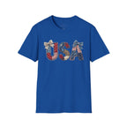 USA Patriotic T-Shirt — Distressed Flag Letters with Bows (4th of July)