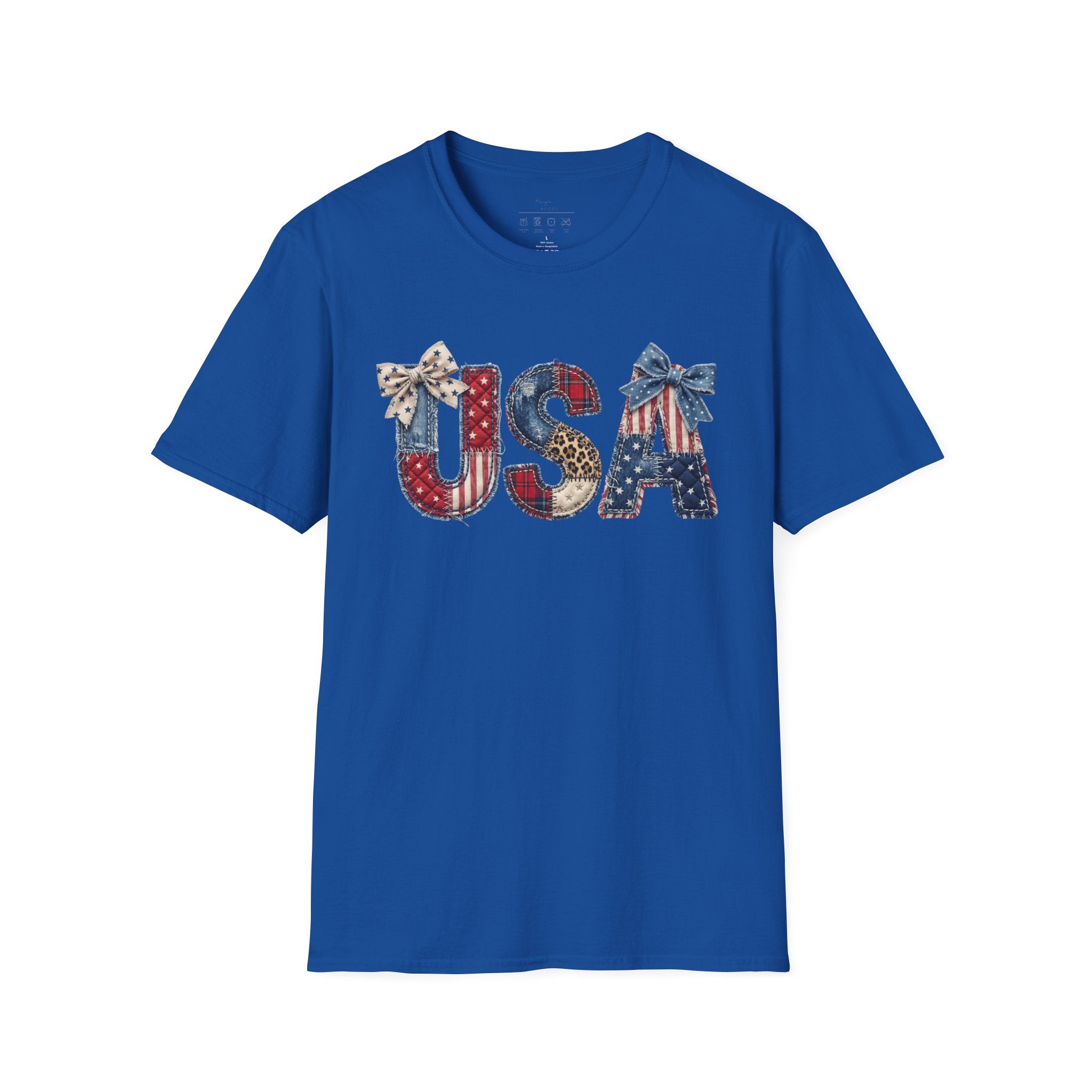 USA Patriotic T-Shirt — Distressed Flag Letters with Bows (4th of July)