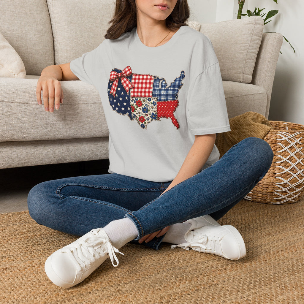 Patriotic Patchwork USA T-Shirt — Quilted Red White & Blue Map Tee