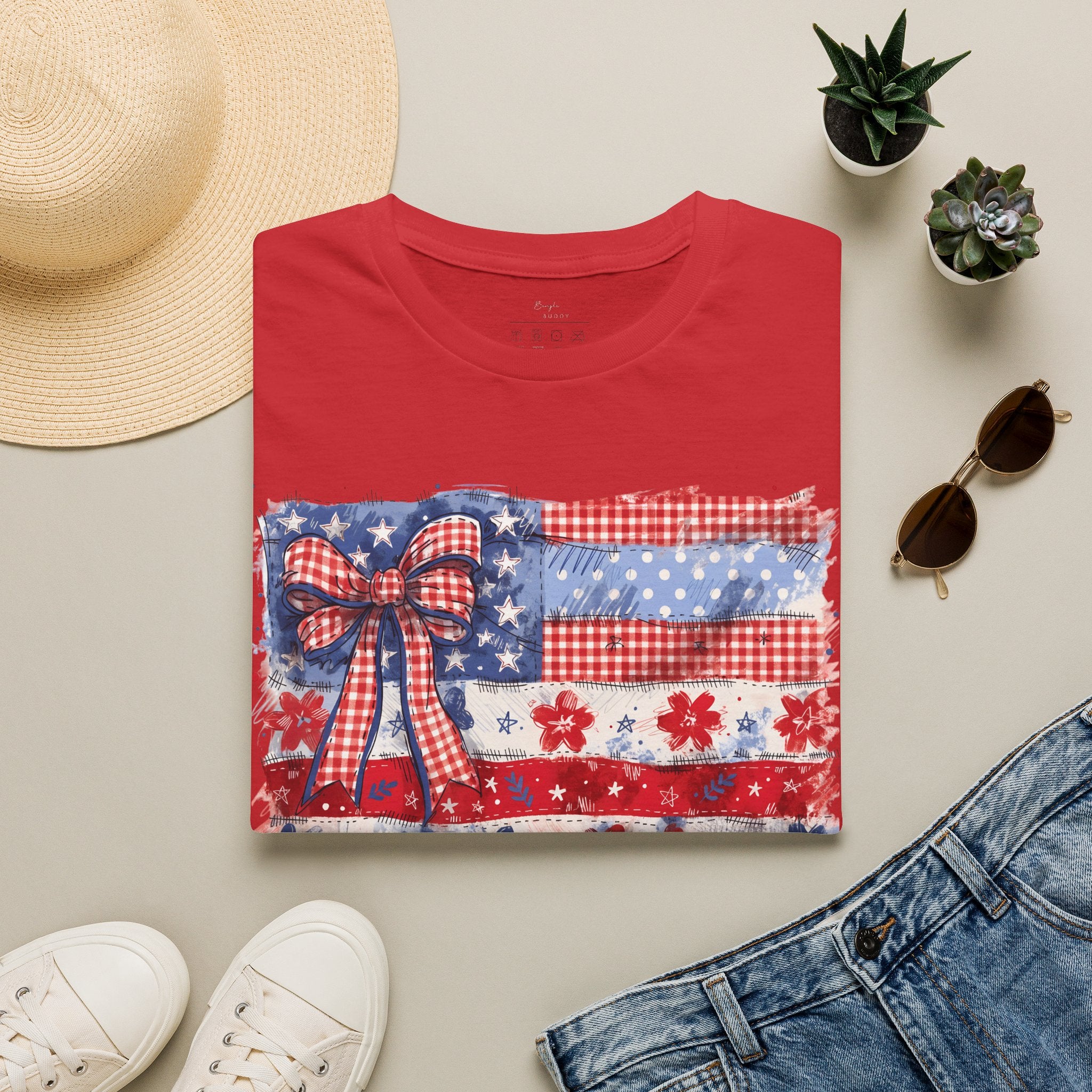 Patriotic Flag Bow T-Shirt — American Red White Blue Fourth of July Tee