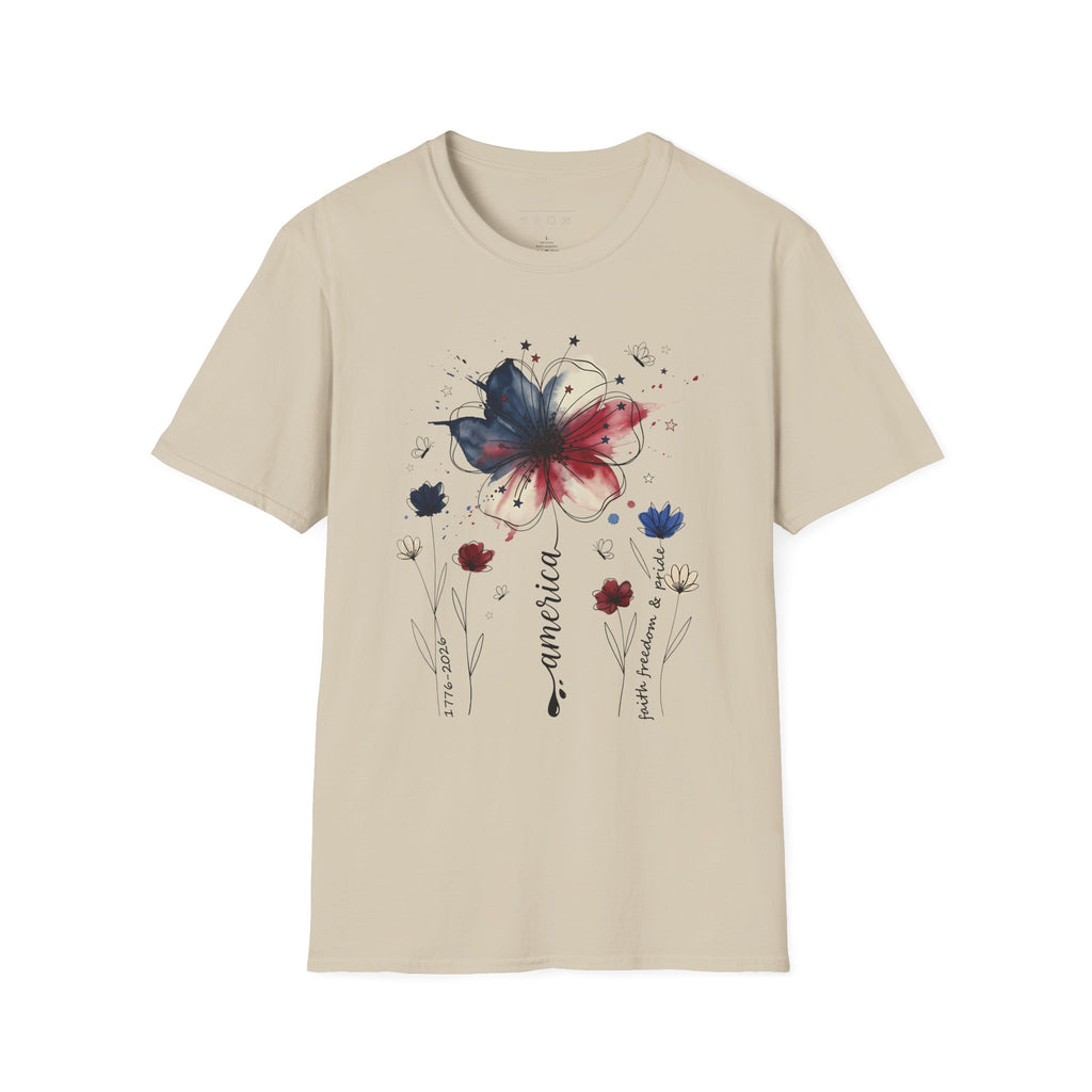 Butterfly Watercolor T-Shirt — Patriotic Red White Blue Floral Graphic
