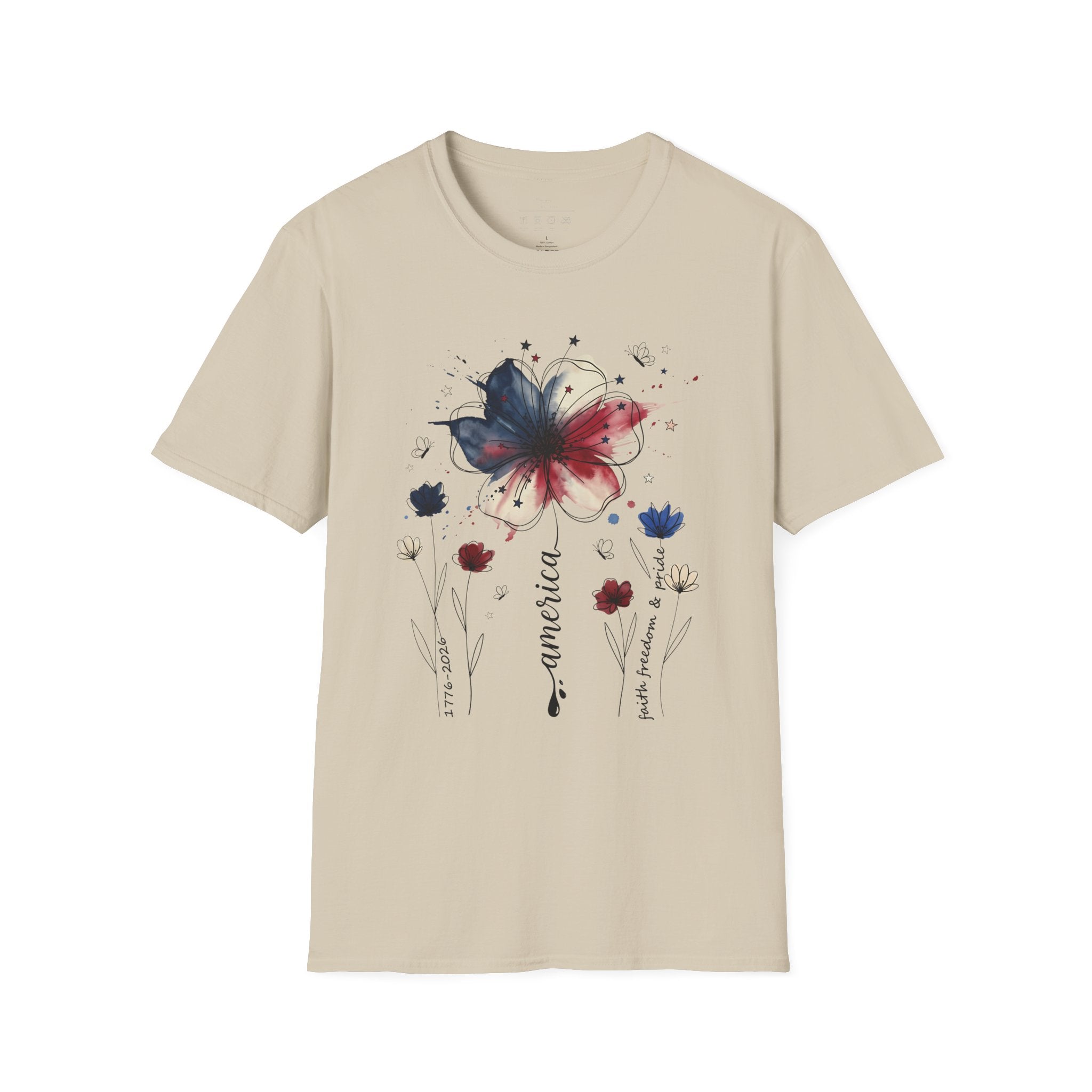 Butterfly Watercolor T-Shirt — Patriotic Red White Blue Floral Graphic