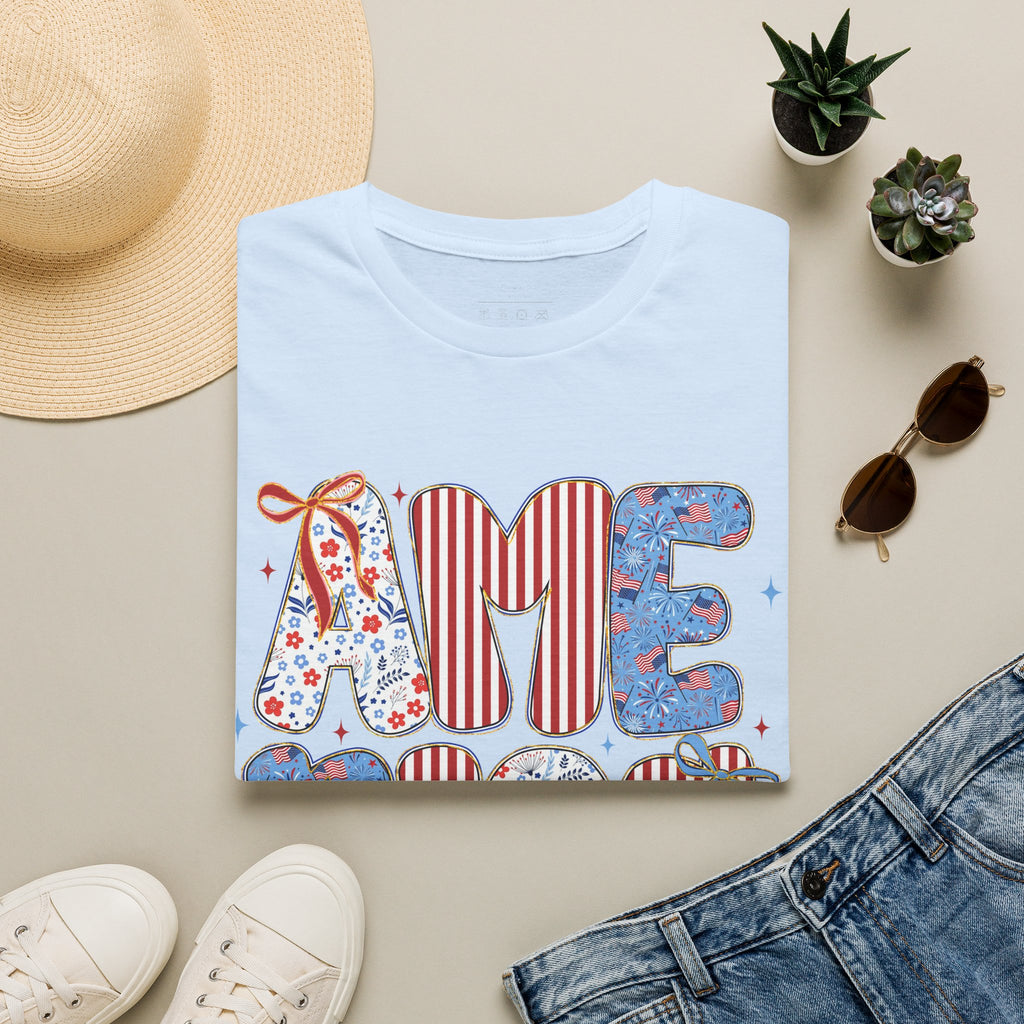 AME Retro Patriotic T-Shirt — Red White Blue Floral & Stripes Graphic Tee