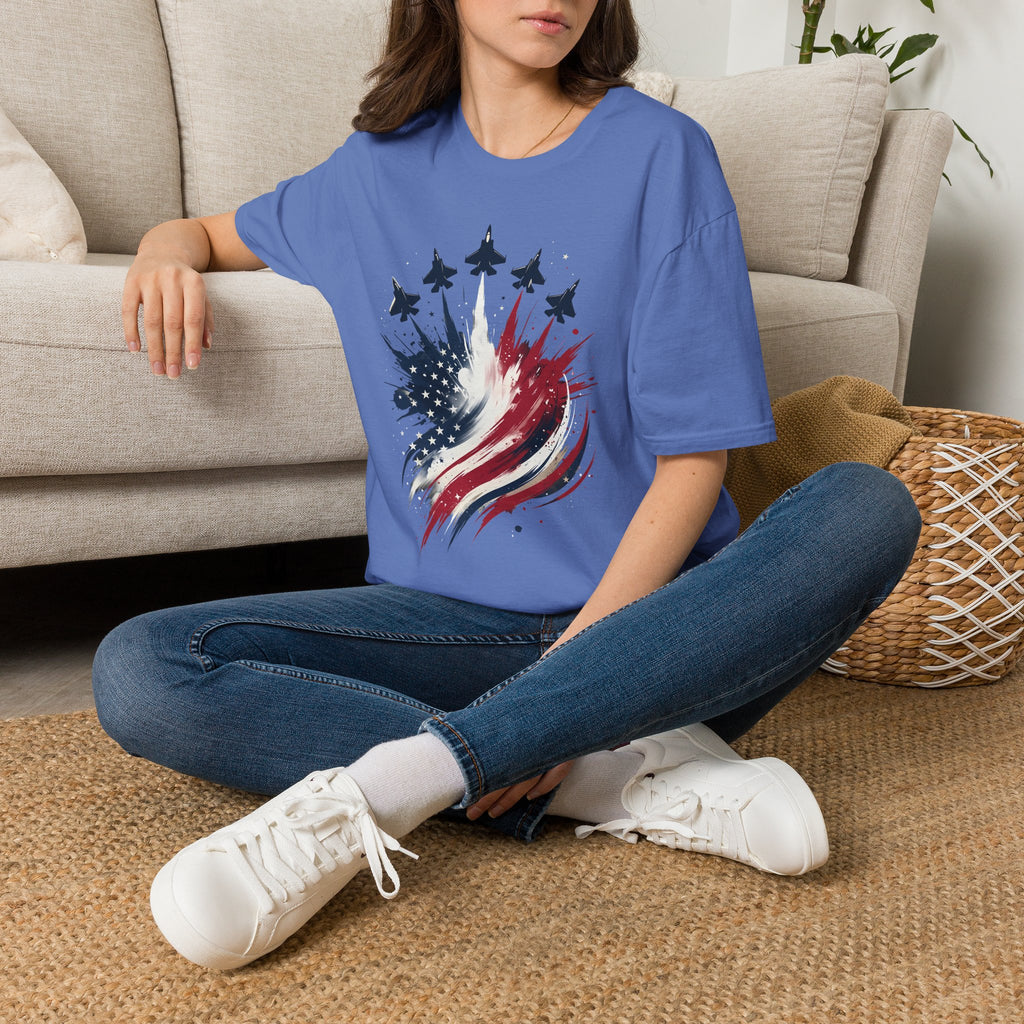 T-Shirt — Patriotic Jet Flyover with American Flag Splash
