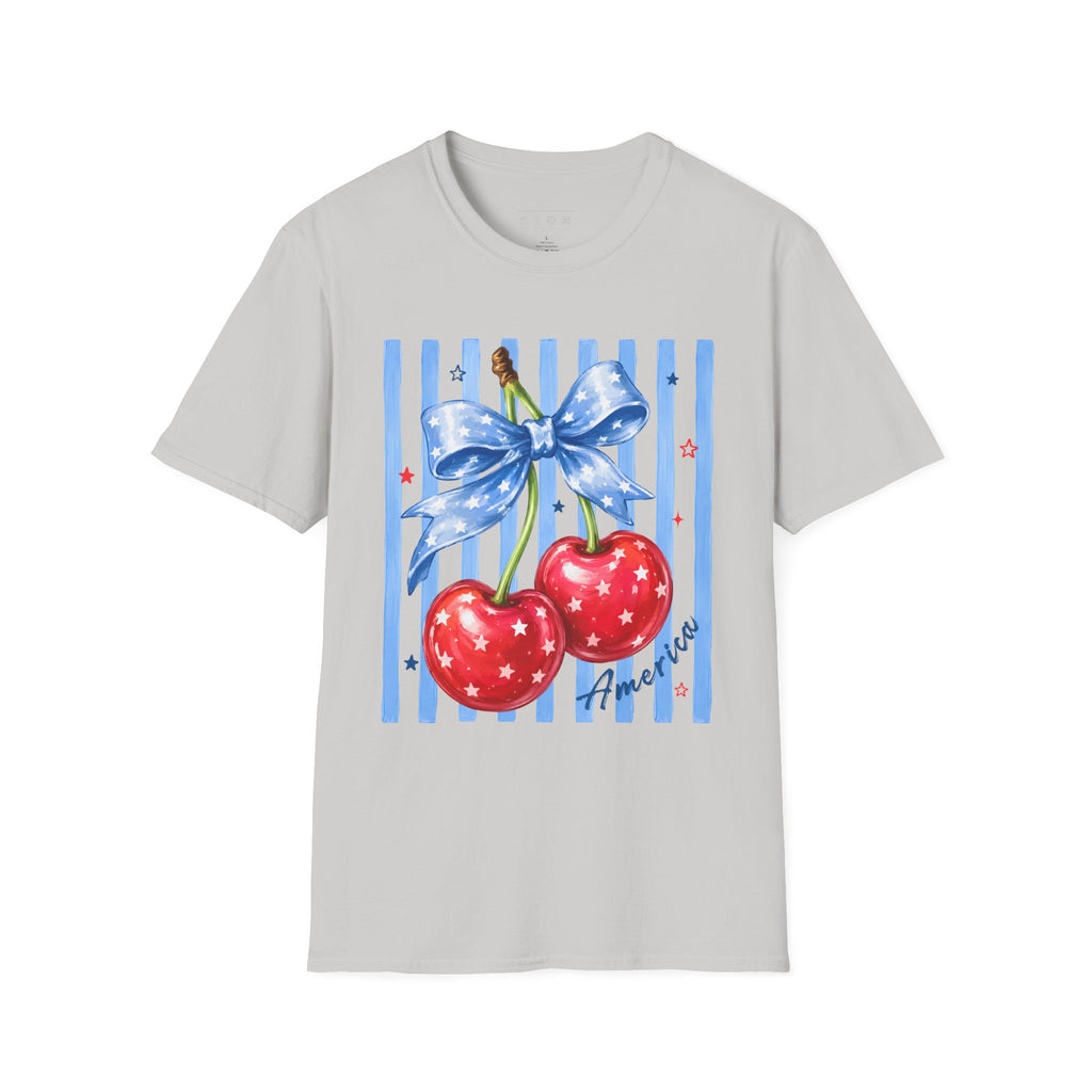 Cherry Graphic T-Shirt — Blue Bow & Striped Summer Tee