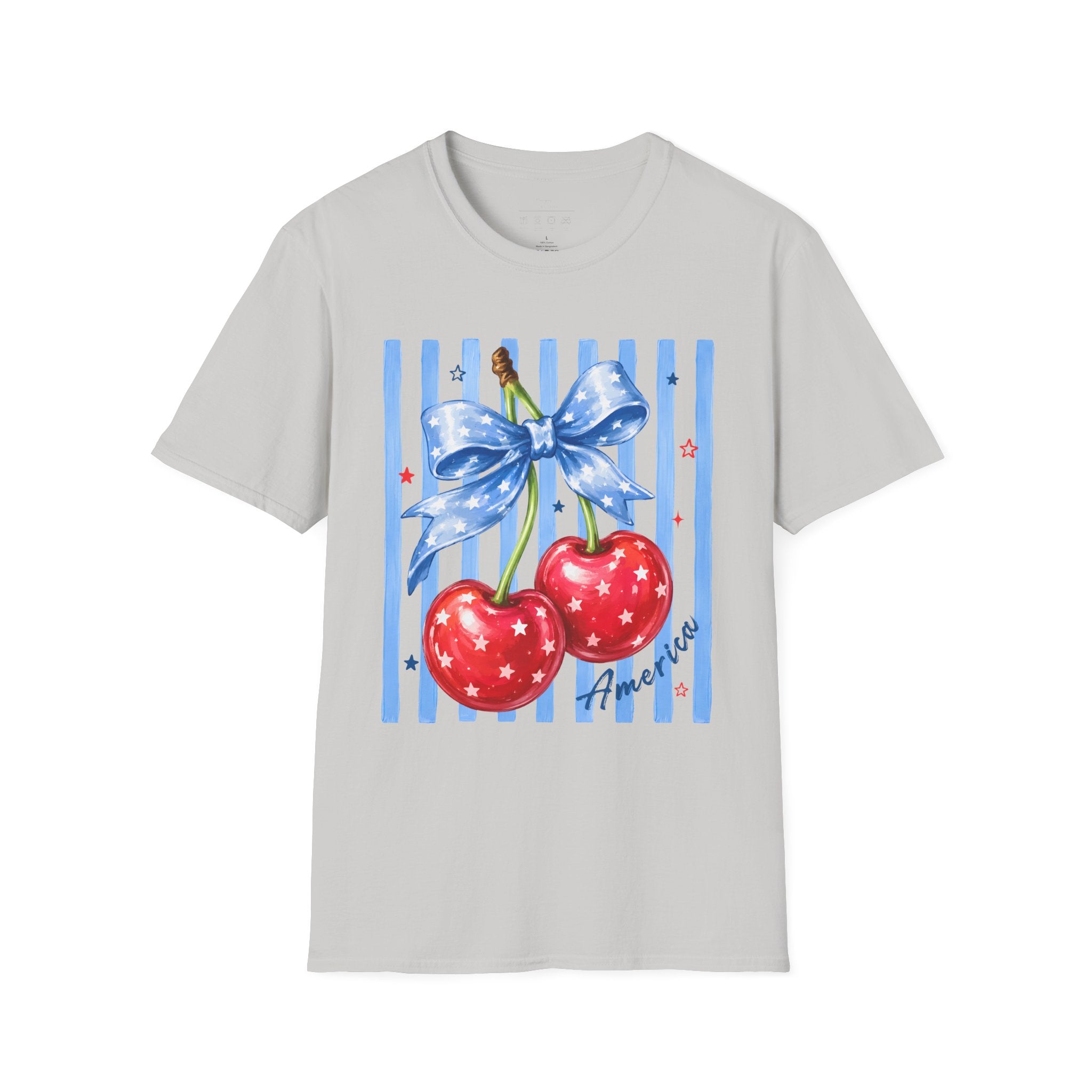 Cherry Graphic T-Shirt — Blue Bow & Striped Summer Tee