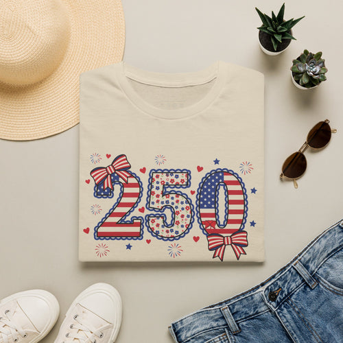 250 Patriotic T-Shirt — USA Flag Number Tee with Stars & Bows (Fourth of July)