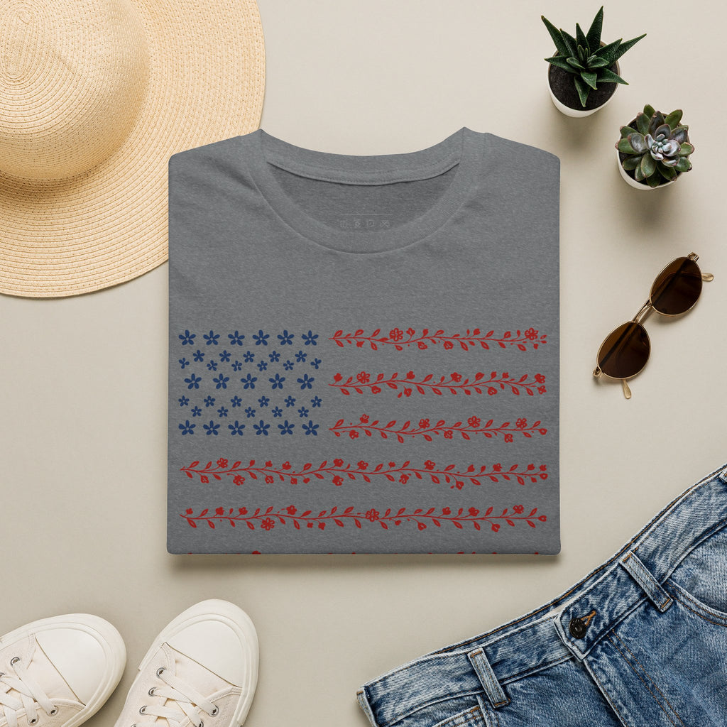 Floral American Flag T-Shirt — Patriotic Red & Blue Botanical Tee for 4th of July