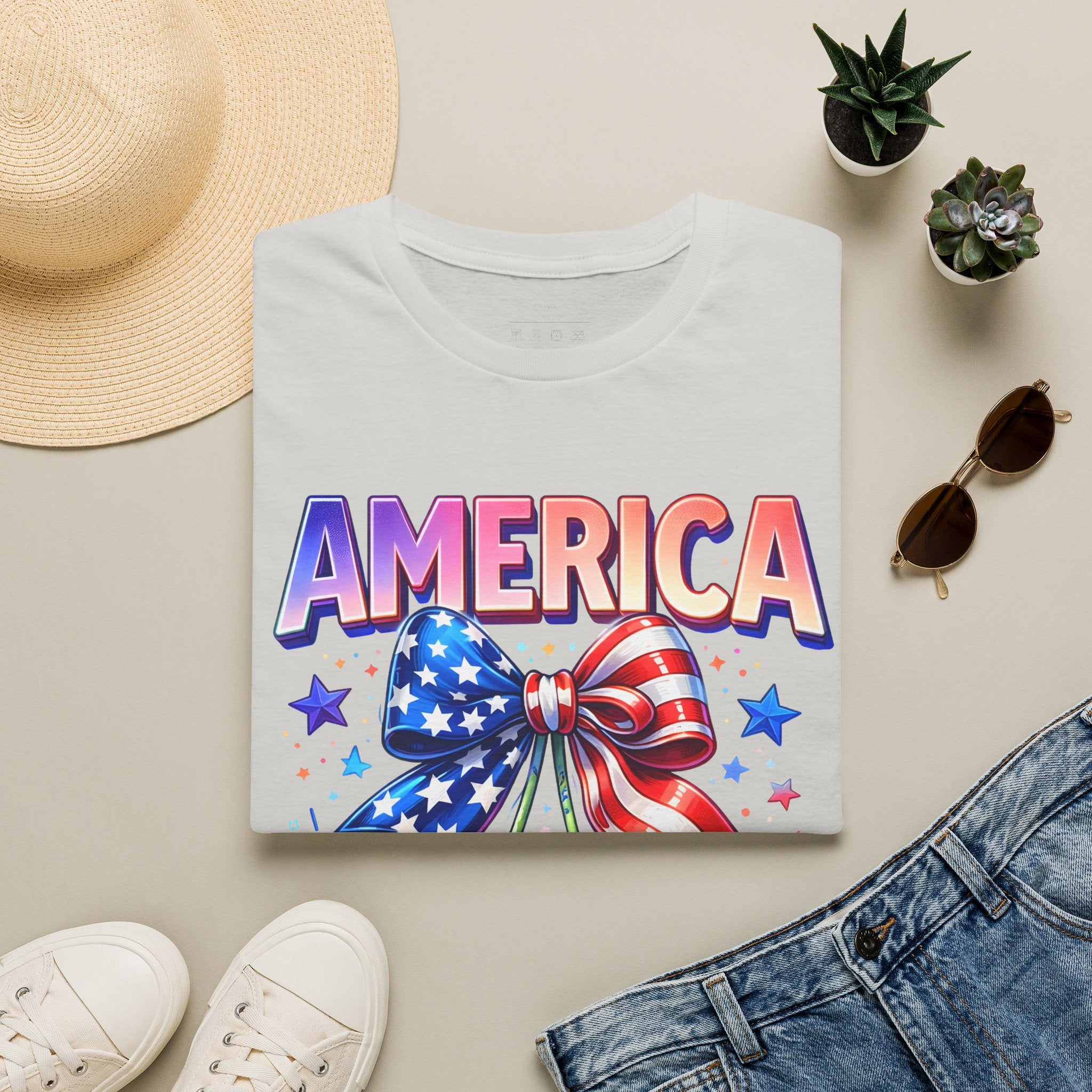 America Patriotic Cherry Graphic T-Shirt — USA Flag Bow 4th of July Tee