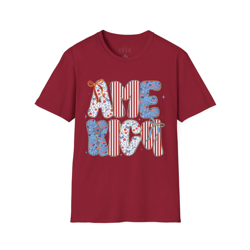 AME Retro Patriotic T-Shirt — Red White Blue Floral & Stripes Graphic Tee