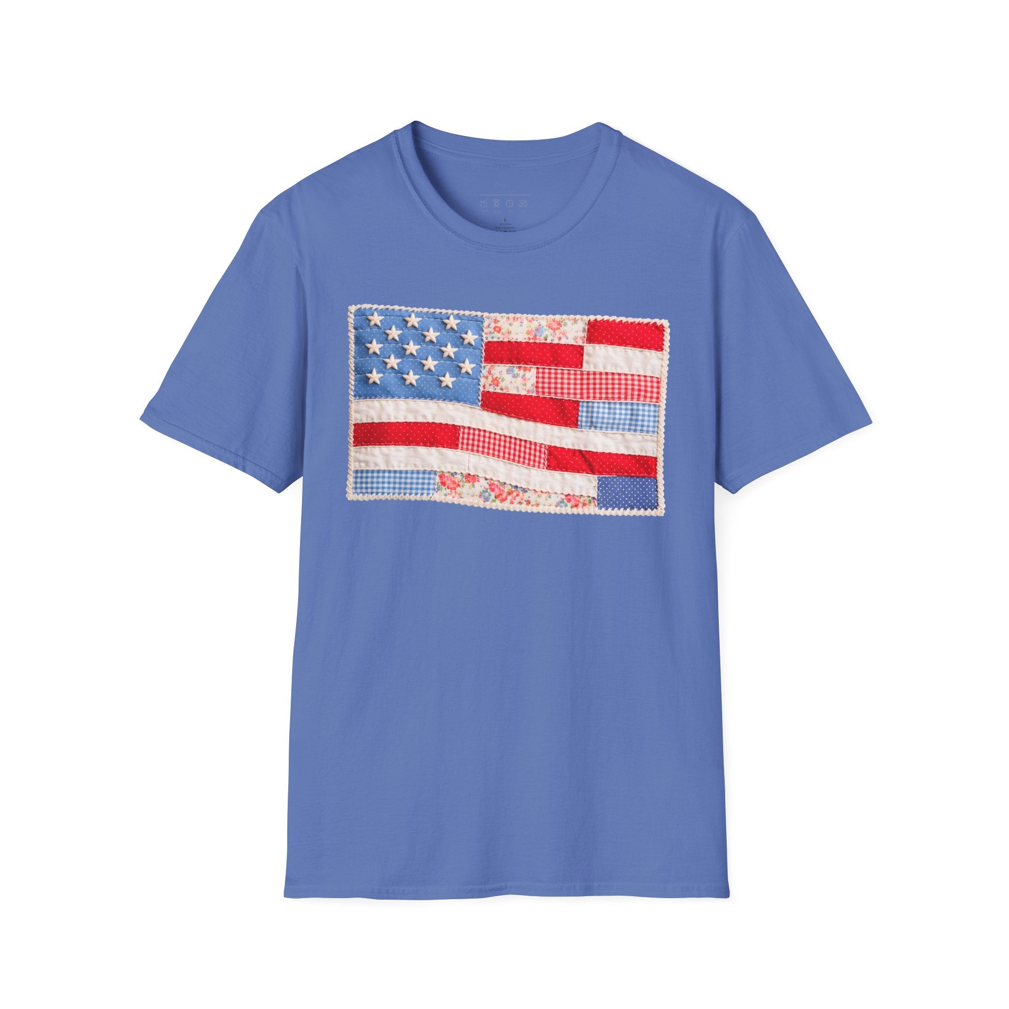 American Patchwork Flag T-Shirt — Vintage Floral Stars & Stripes Tee for 4th of July