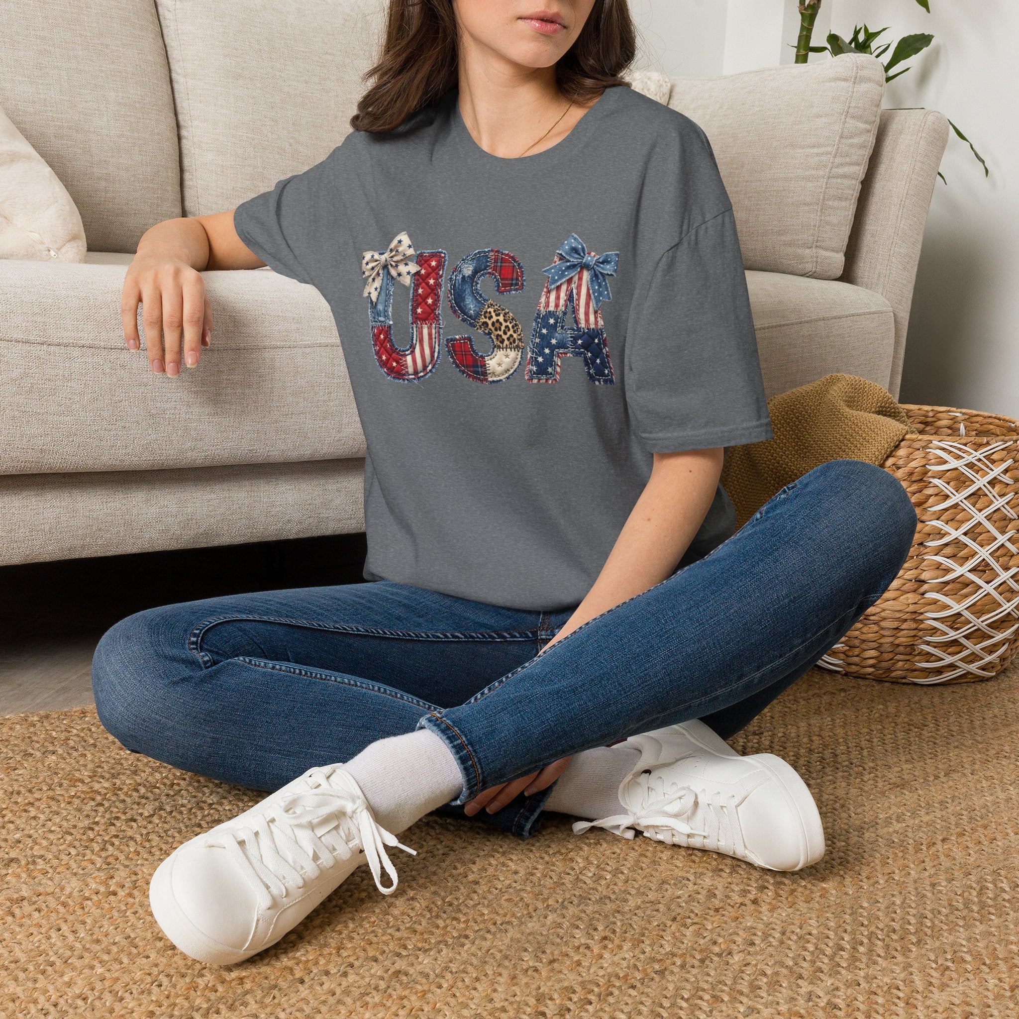 USA Patriotic T-Shirt — Distressed Flag Letters with Bows (4th of July)
