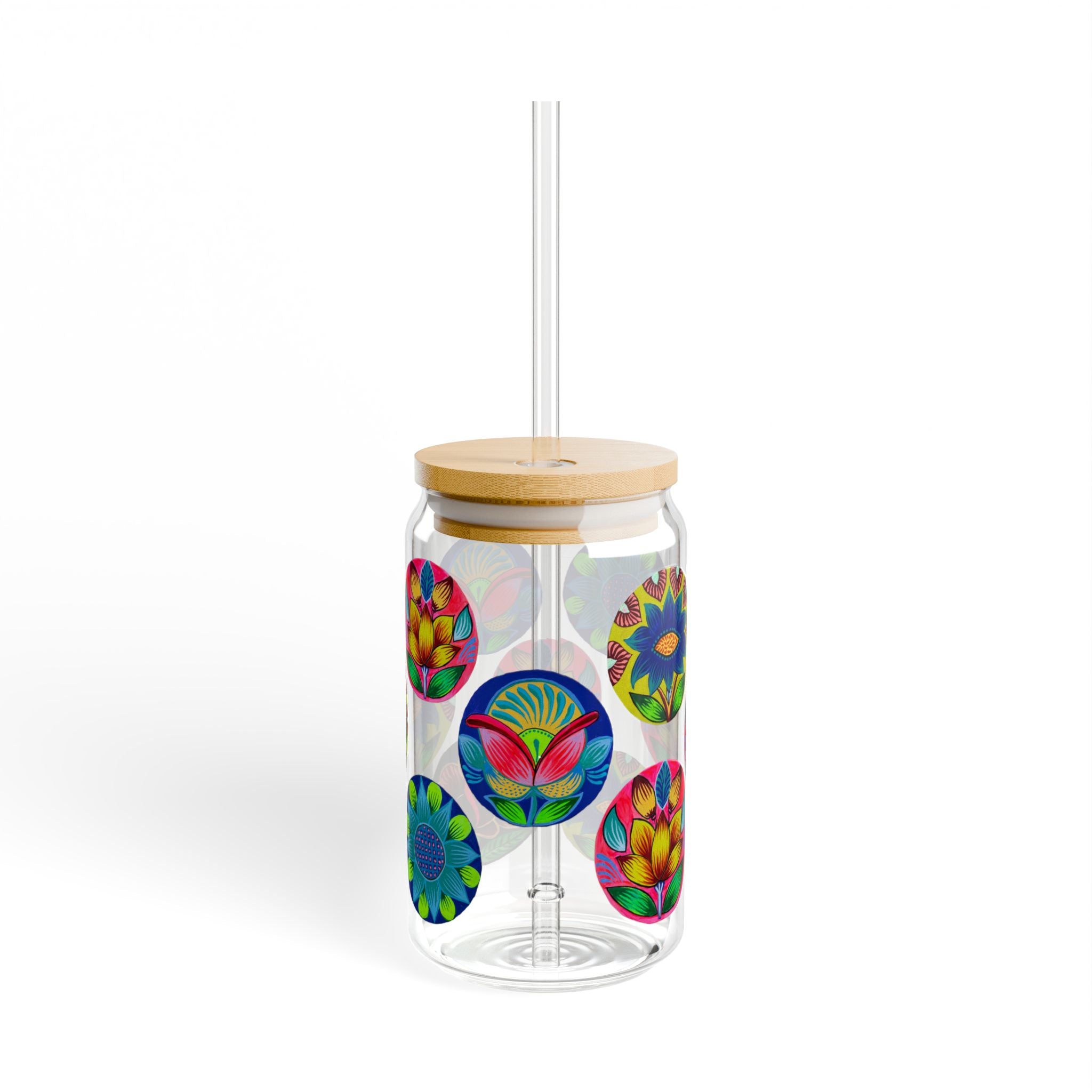 16oz Floral Mandala Sipper Glass with Bamboo Lid & Straw