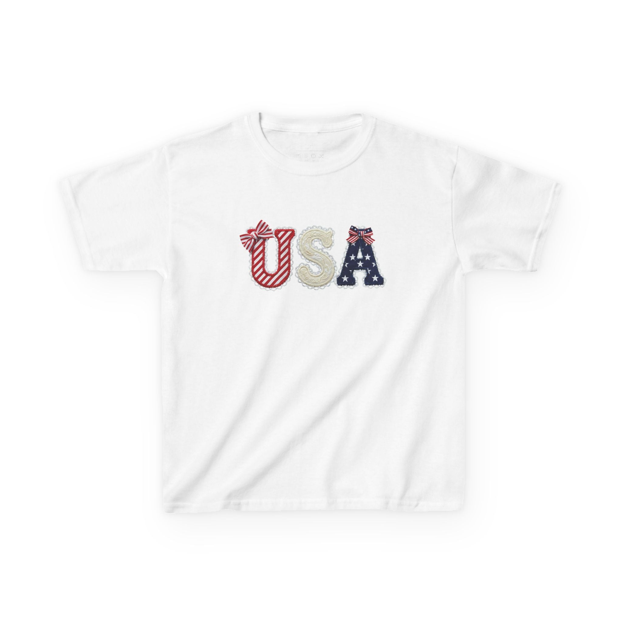 Youth, Kids USA Patriotic Tee — Red White & Blue Flag Letters