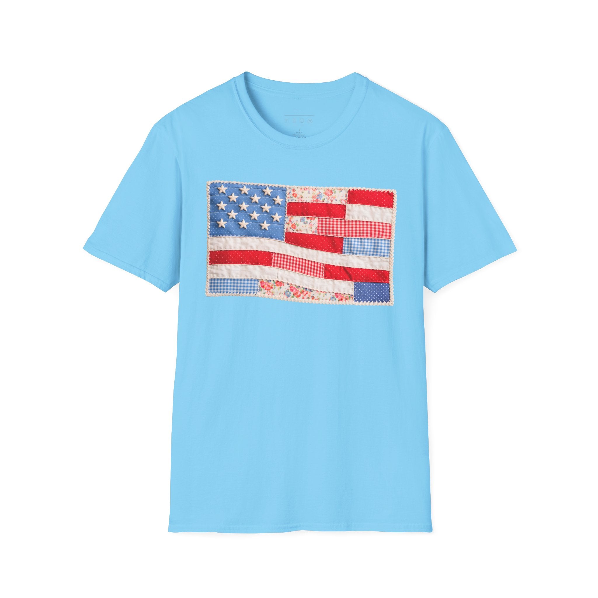 American Patchwork Flag T-Shirt — Vintage Floral Stars & Stripes Tee for 4th of July