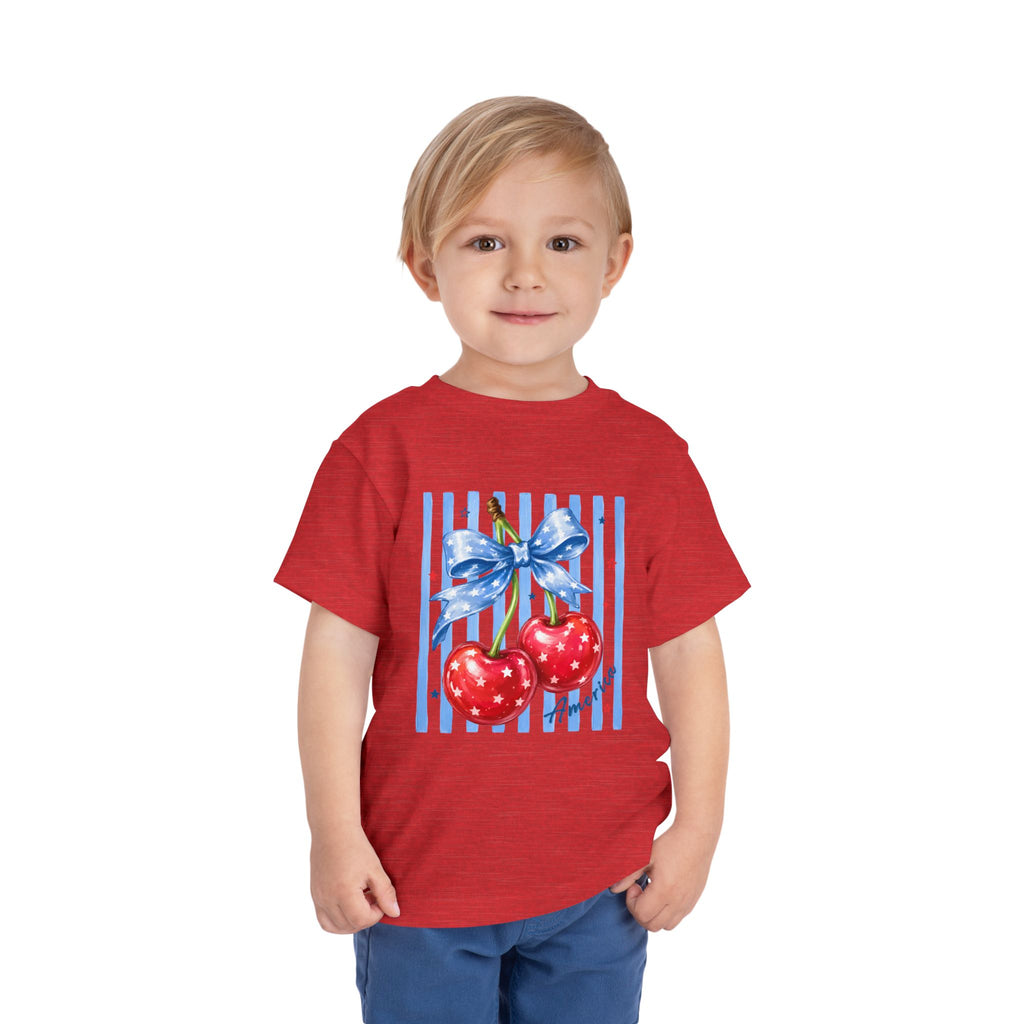 Toddler Tee Cherry Bow   — Cute Red Cherries with Blue Stripes