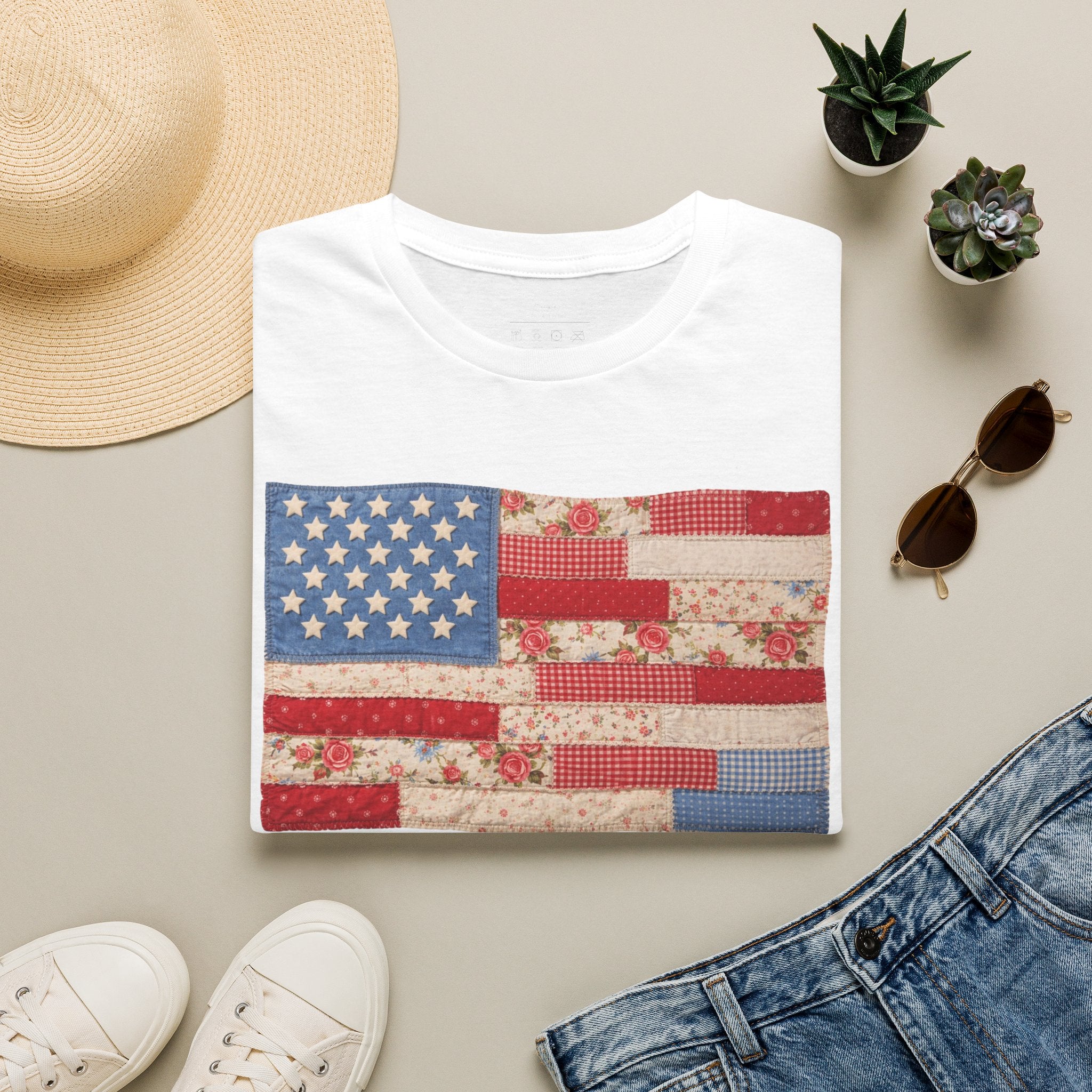 Patchwork American Flag T-Shirt — Vintage Floral Patriotic Tee