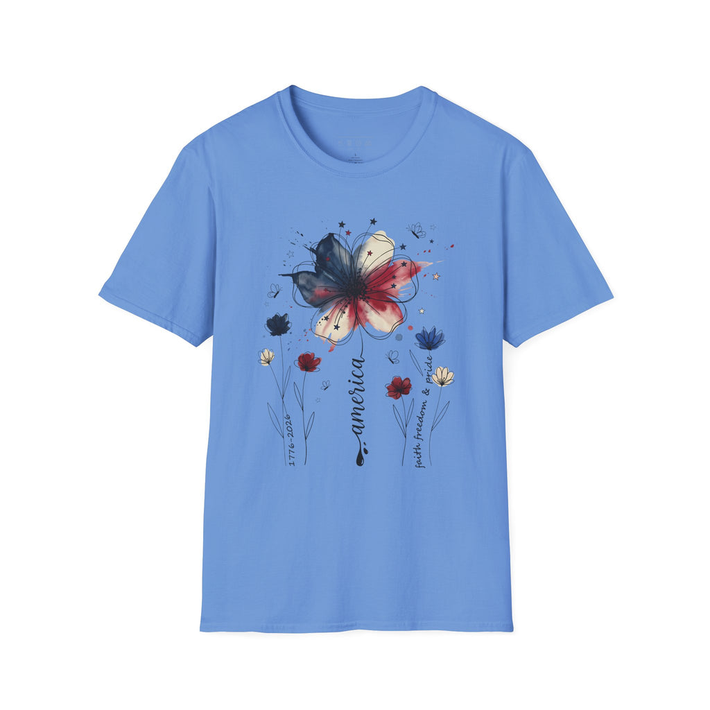 Butterfly Watercolor T-Shirt — Patriotic Red White Blue Floral Graphic