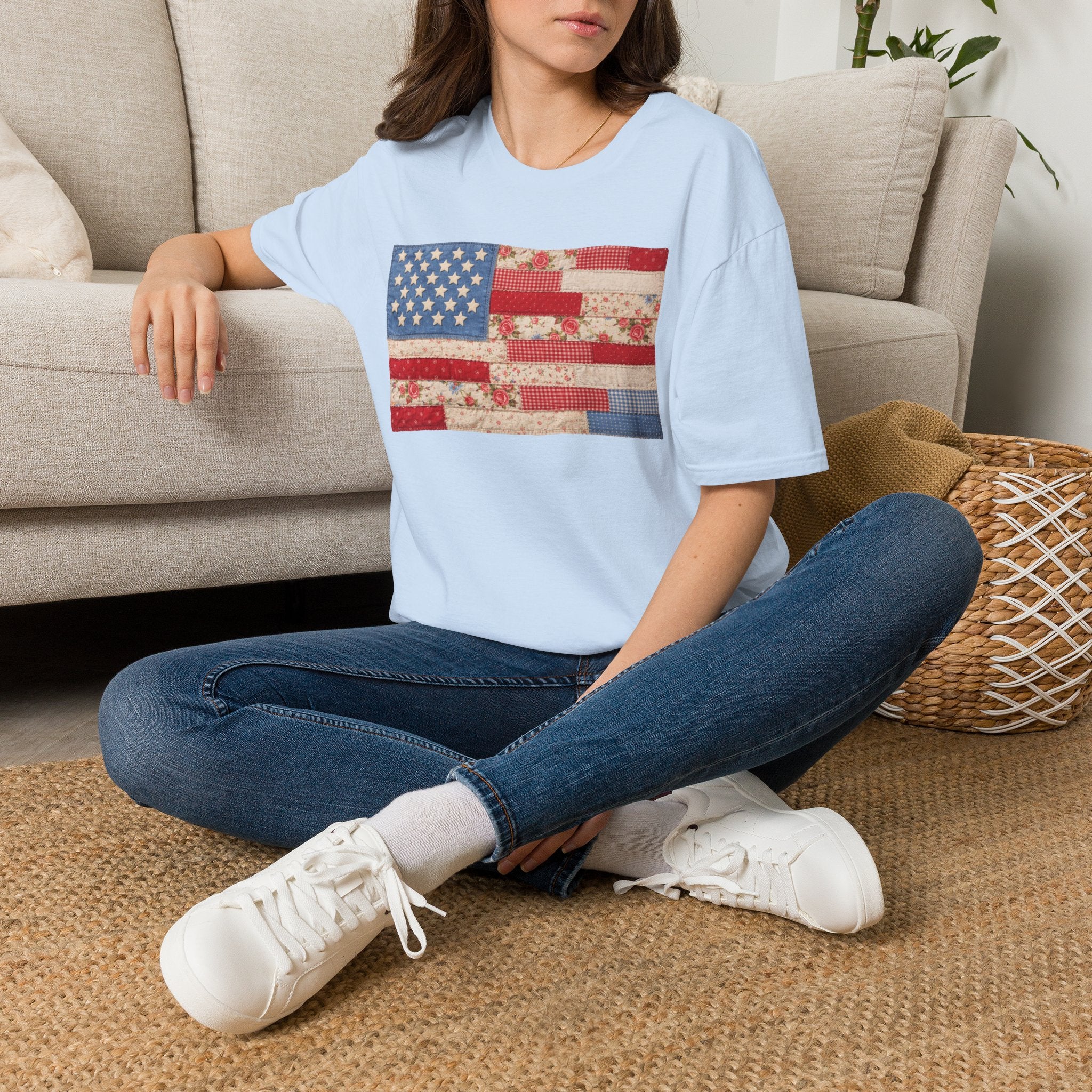 Patchwork American Flag T-Shirt — Vintage Floral Patriotic Tee