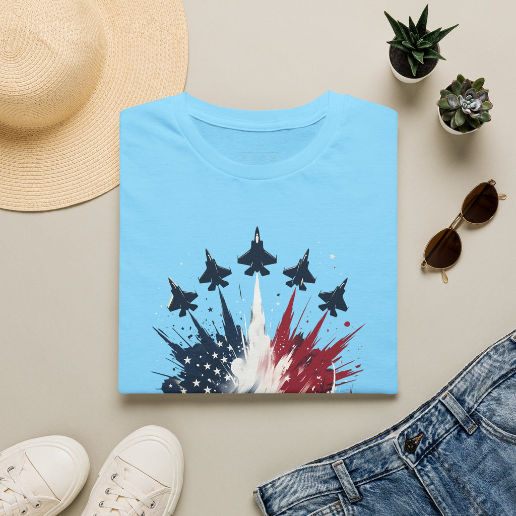 T-Shirt — Patriotic Jet Flyover with American Flag Splash