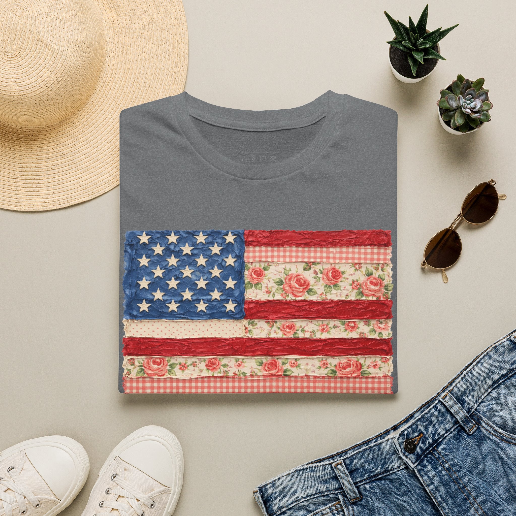 Patriotic Floral American Flag T-Shirt — Vintage Rose USA Tee for Fourth of July