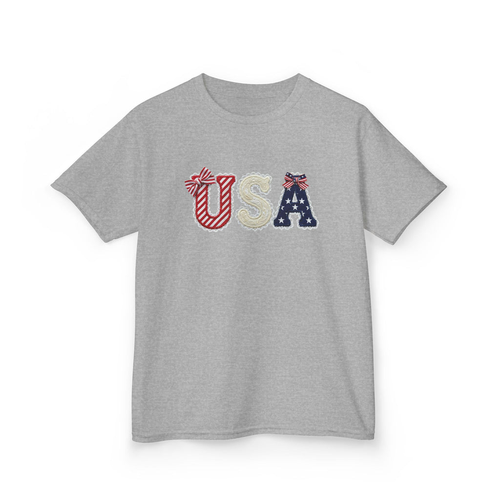 Youth, Kids USA Patriotic Tee — Red White & Blue Flag Letters