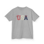 Youth, Kids USA Patriotic Tee — Red White & Blue Flag Letters