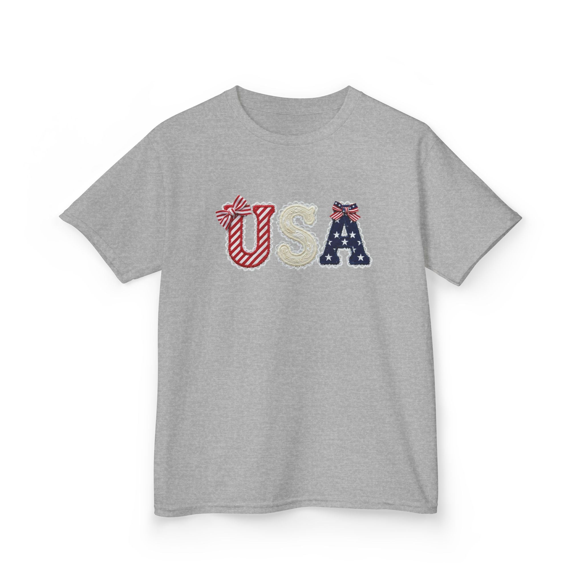 Youth, Kids USA Patriotic Tee — Red White & Blue Flag Letters